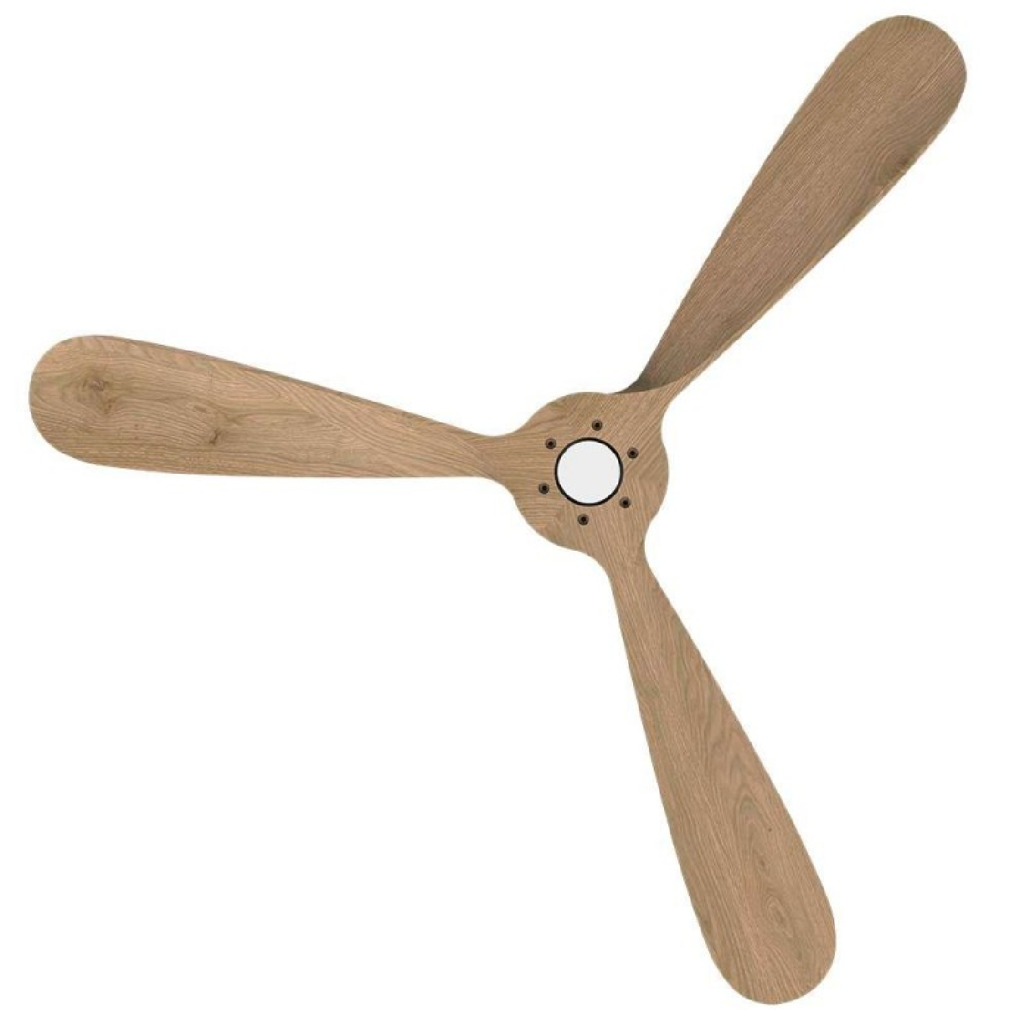 Un ventilatore da soffitto a tre pale con finitura legno.