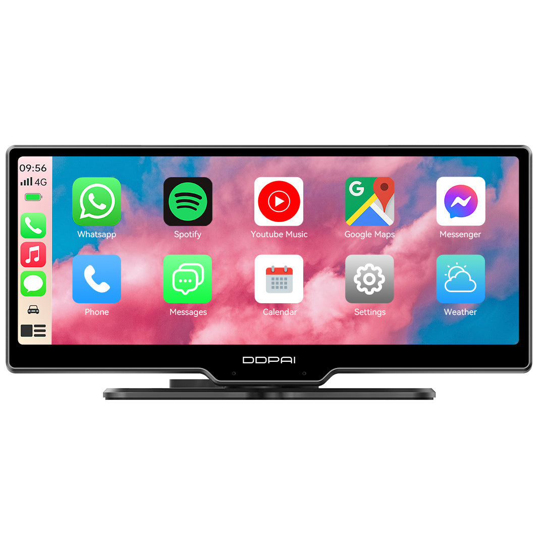 Araba ekranında uygulamalar: Whatsapp, Spotify, Youtube, Haritalar, Messenger, Telefon, Takvim, Ayarlar, Hava Durumu.