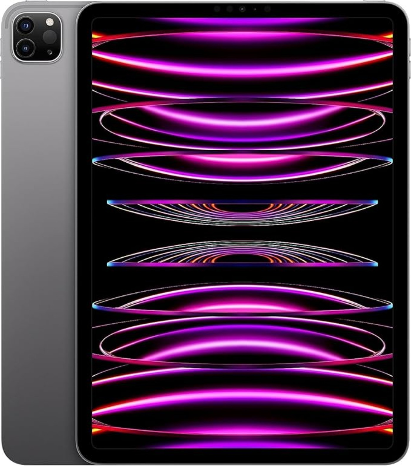 Ein graues Tablet mit Kameramodul und einem dynamischen, violetten Hintergrundbild.