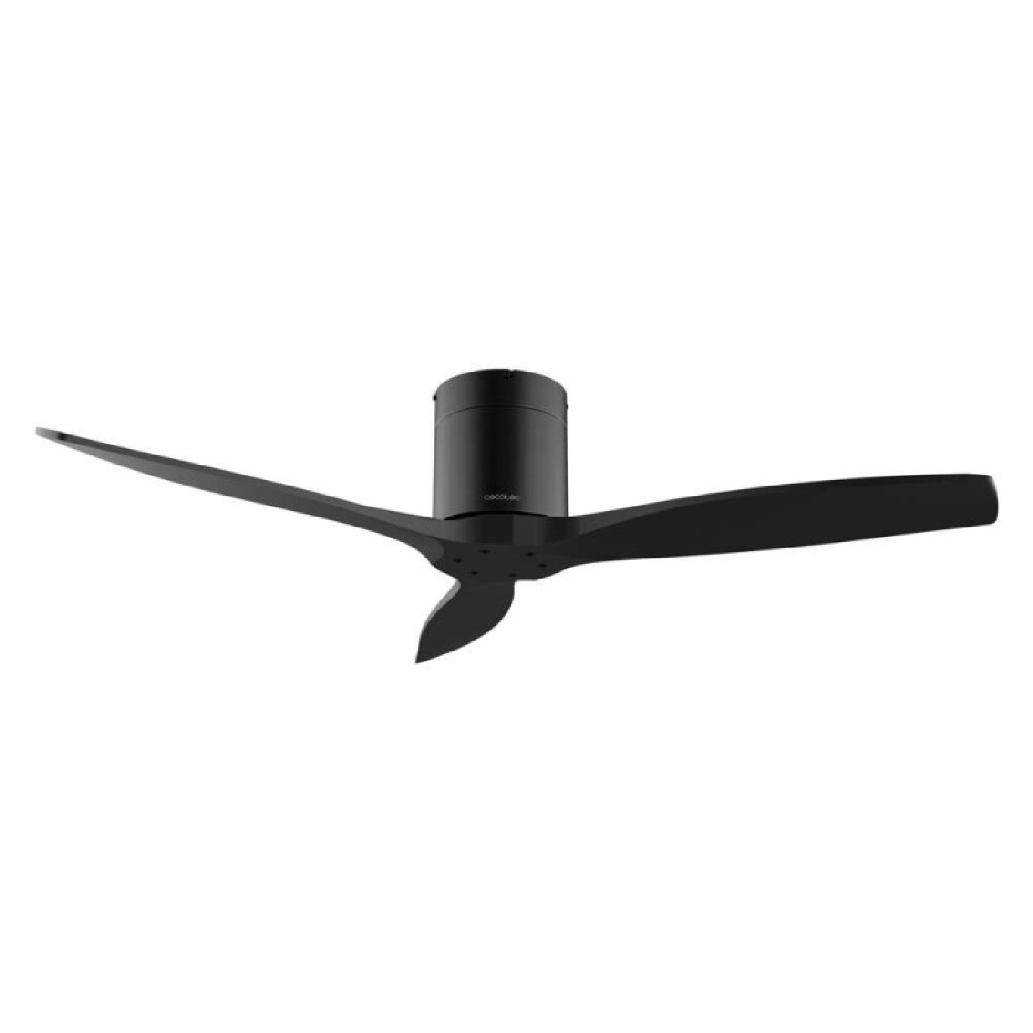 Ventilatore da soffitto nero a tre pale su sfondo bianco.