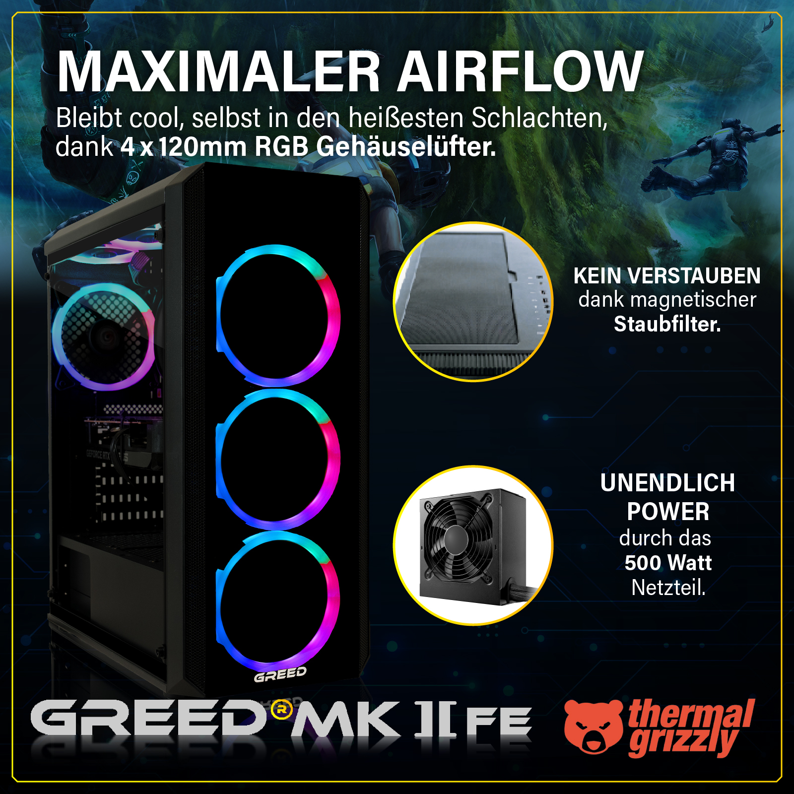 Obudowa PC z wentylatorami RGB, zasilaczem i filtrem przeciwkurzowym.