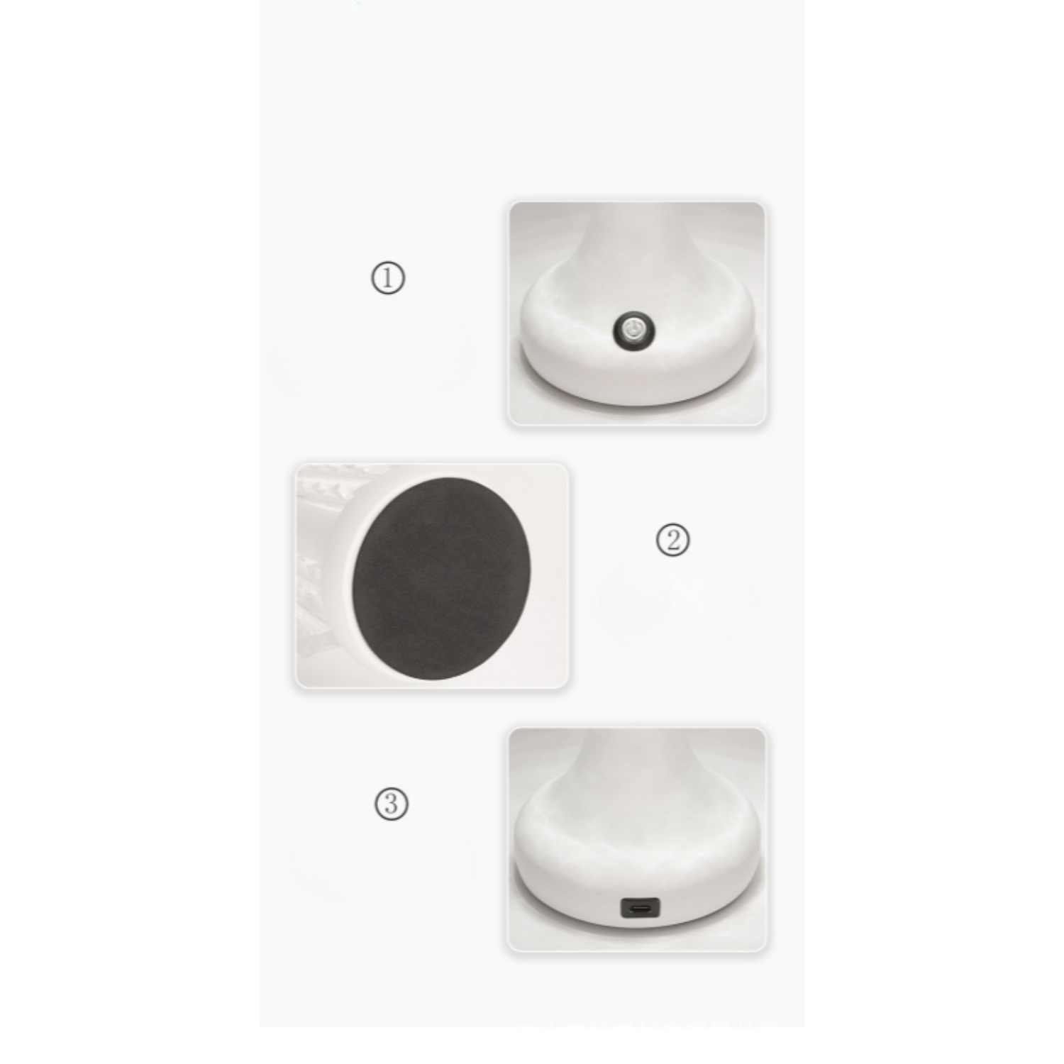 Weiße Lampe mit drei Ansichten: Ein-/Ausschalter, dunkle Basis, Ladeanschluss.