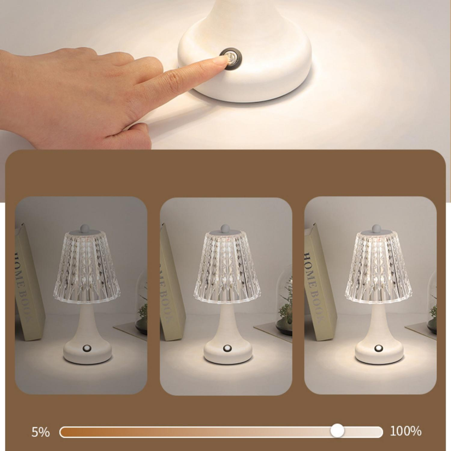 Eine Hand drückt einen Knopf an einer weißen Lampe. Unten sind drei Lampen mit unterschiedlicher Helligkeit.