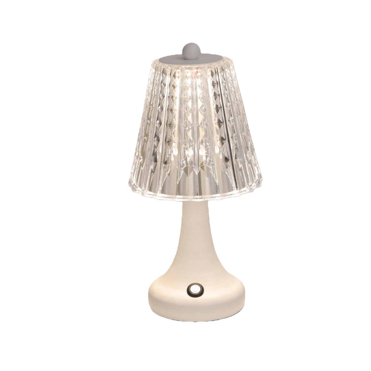 Eine kleine, weiße Tischlampe mit einem strukturierten, durchsichtigen Lampenschirm.