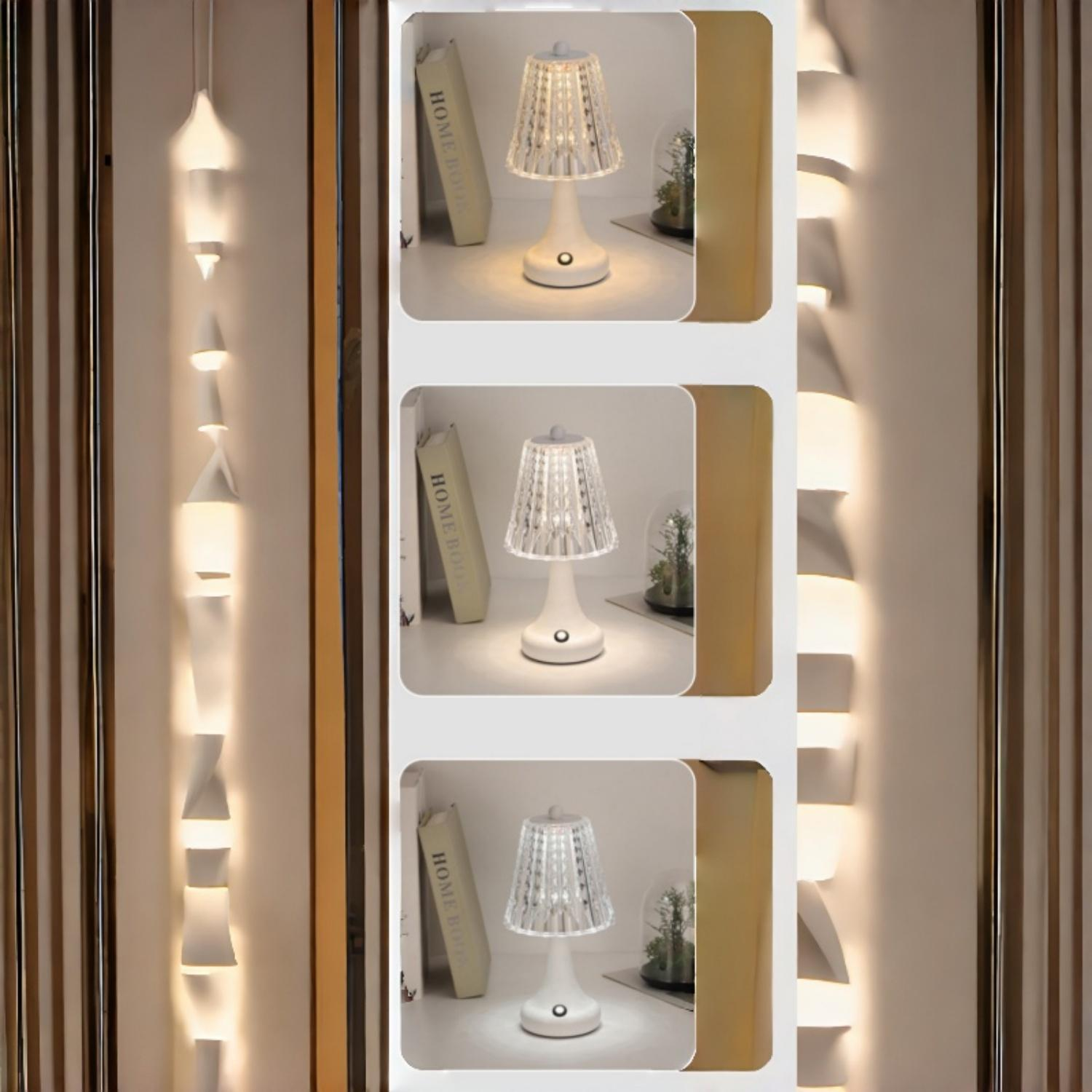 Drei Bilder zeigen eine weiße Lampe mit gemustertem Schirm auf einem Regal.