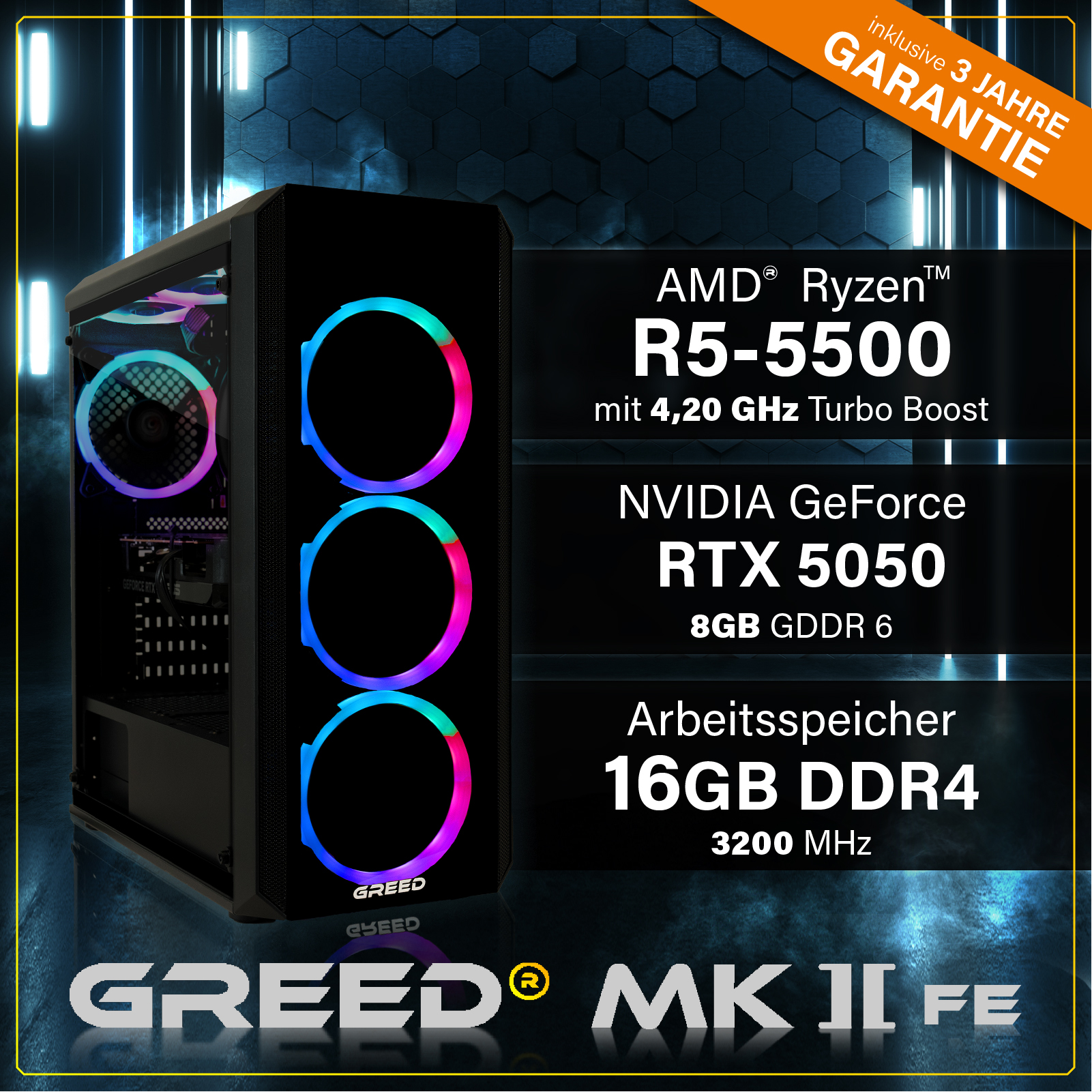Komputer gamingowy z wentylatorami RGB, AMD Ryzen R5-5500, RTX 5050, 16GB DDR4.