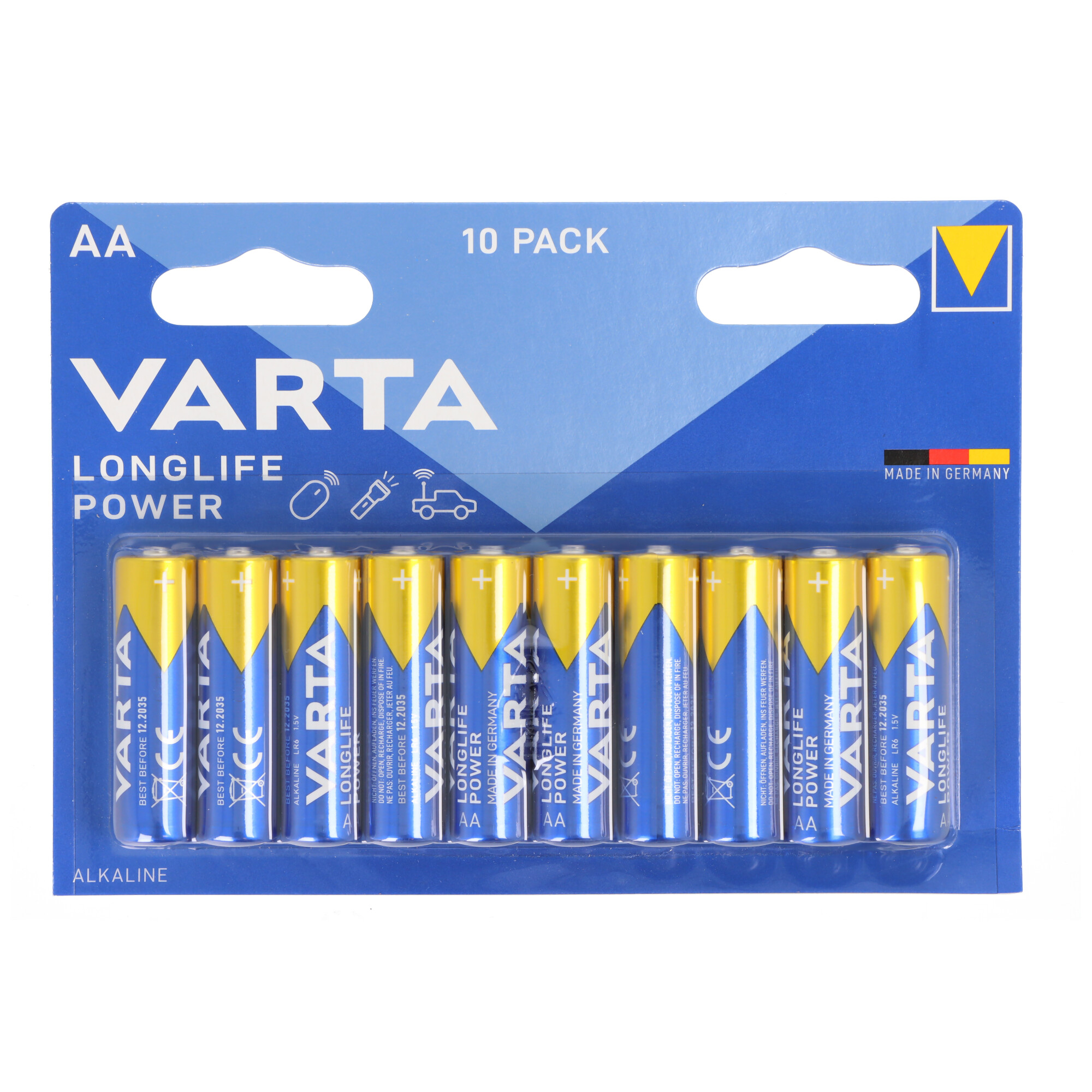 Batterie Varta AA confezione da 10, blu e gialle, su sfondo bianco.