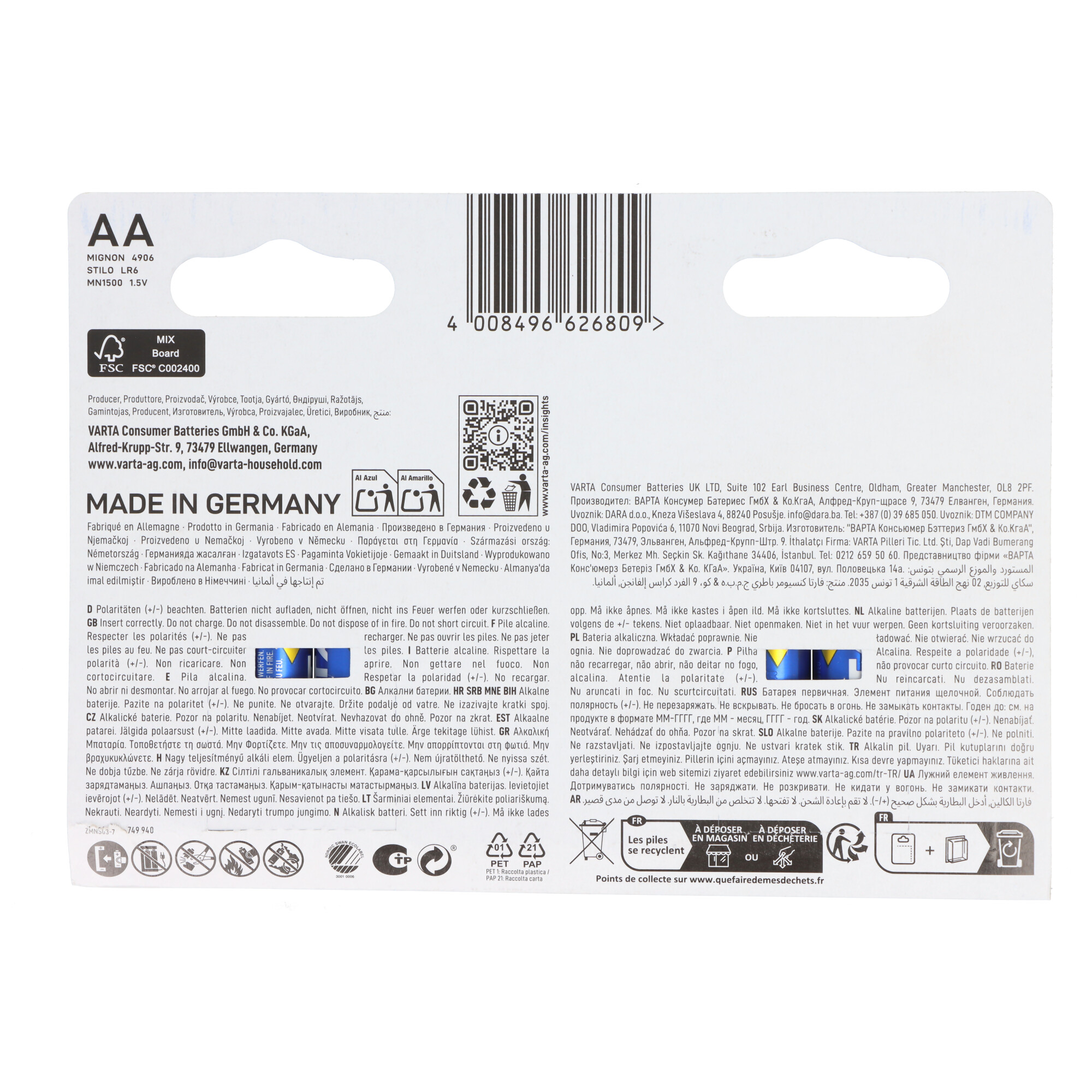 Batteria AA Mignon con sigillo FSC Mix Board e codice a barre. Made in Germany.