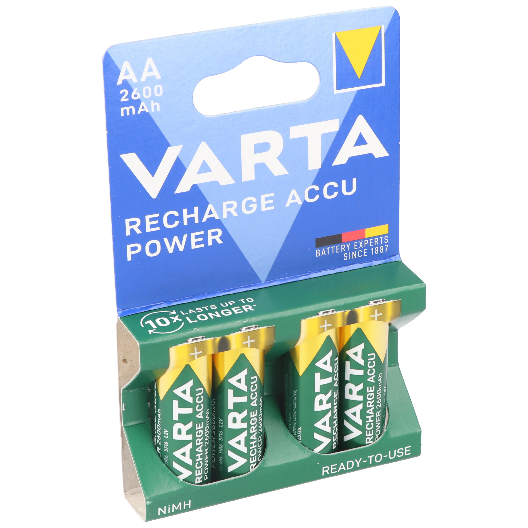 Varta AA 2600mAh oplaadbare batterijen in een 4-pack, klaar voor gebruik, geel en groen.
