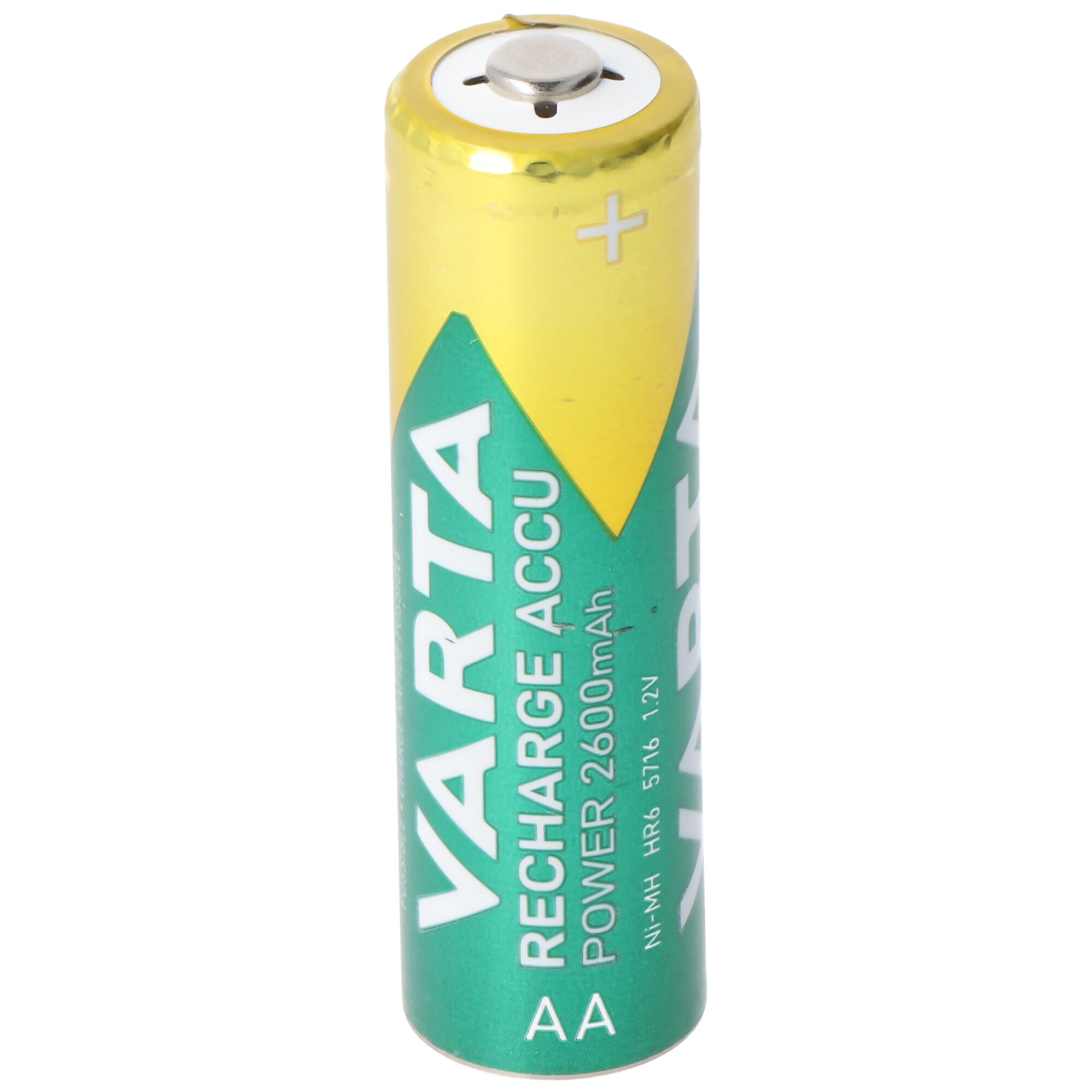 Een Varta AA oplaadbare batterij met geel en groen design. Gelabeld 'RECHARGE ACCU'.