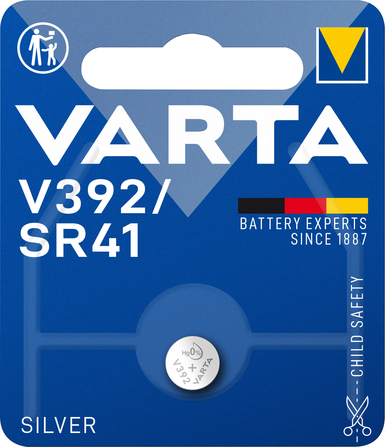 Pila a bottone Varta V392/SR41 argento con simbolo Hg0% e avviso sicurezza bambini.