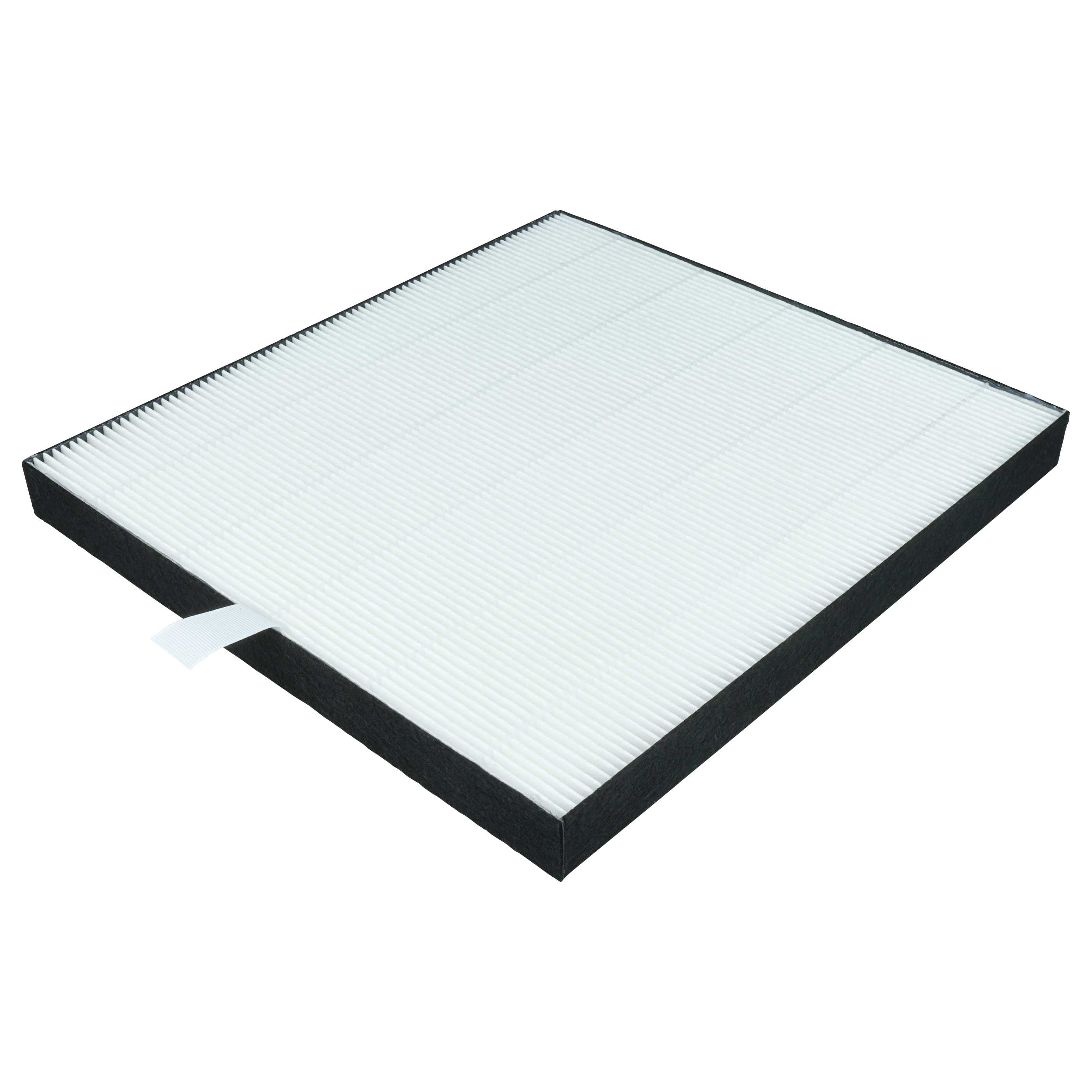 Ein rechteckiger Luftfilter mit weißem Faltenpapier und schwarzem Rahmen.