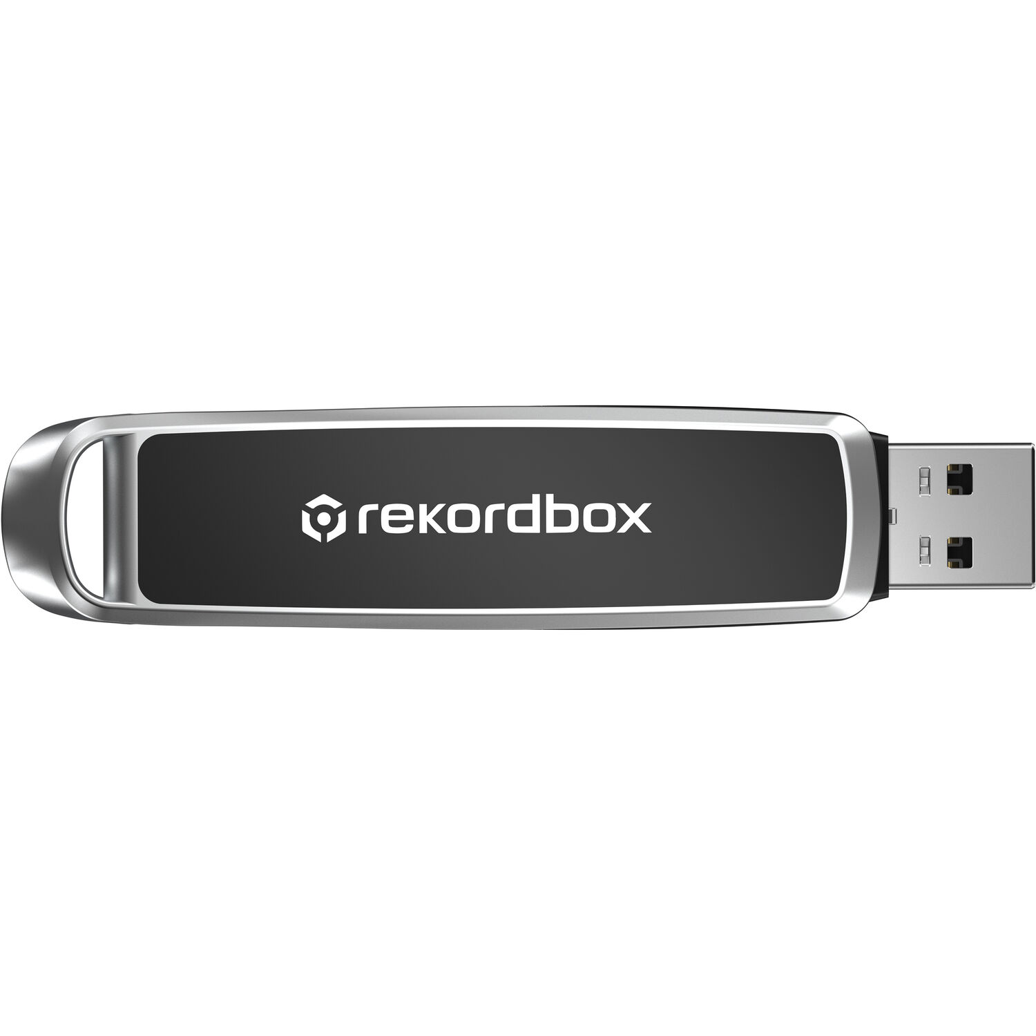 Un'unità USB nera con finiture argentate e logo Rekordbox bianco.