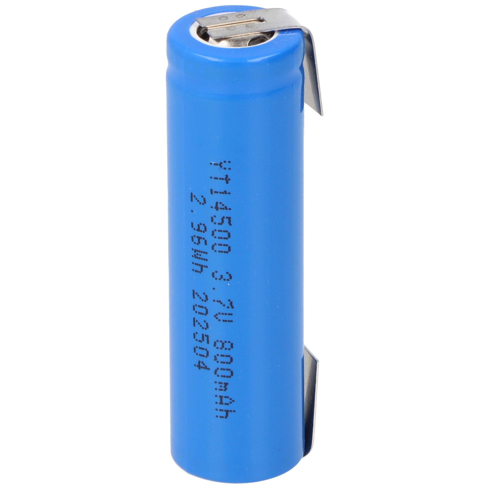 Eine blaue Batterie mit Metallkontakt oben und unten auf weißem Hintergrund.