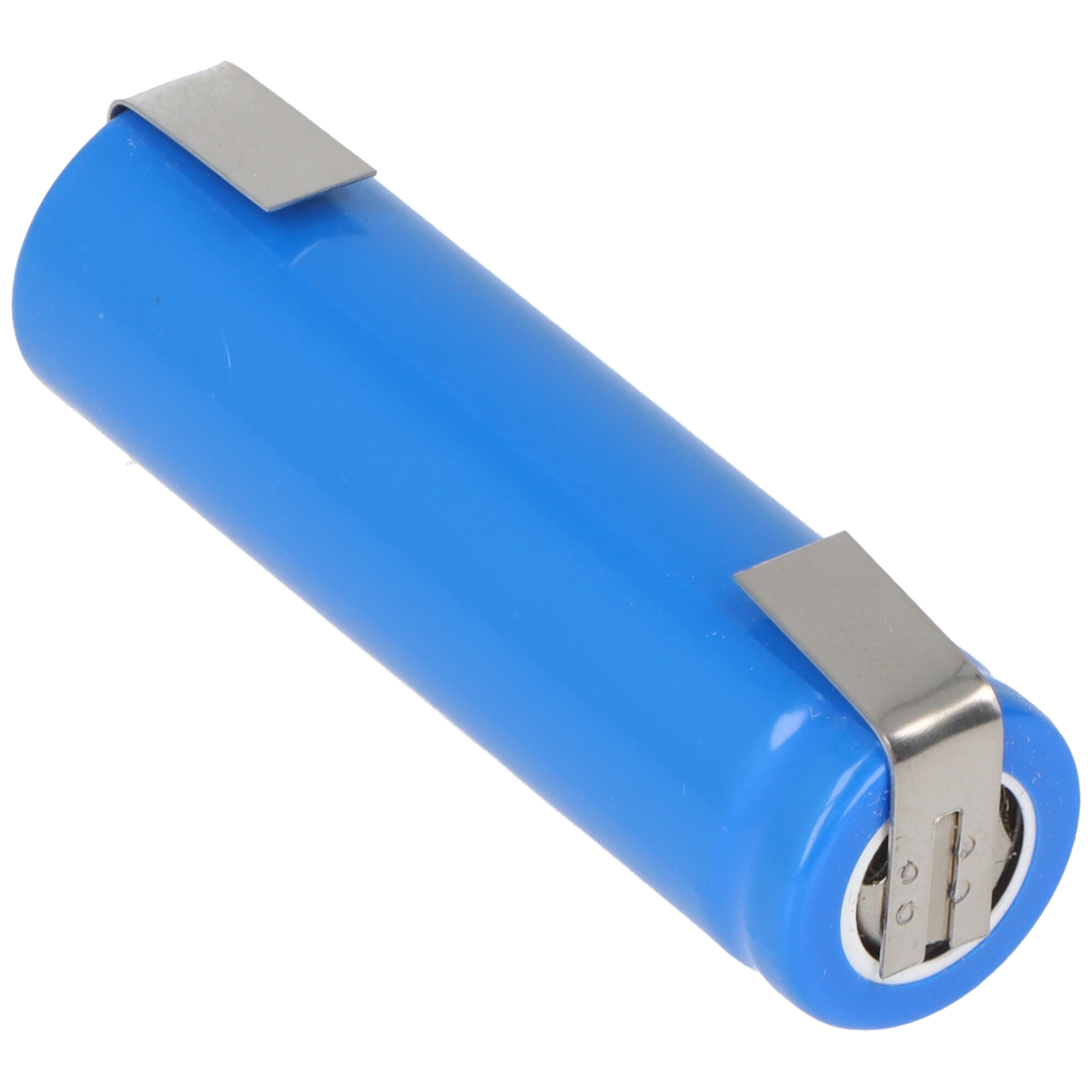 Eine blaue zylindrische Batterie mit zwei Metallclips an beiden Enden.
