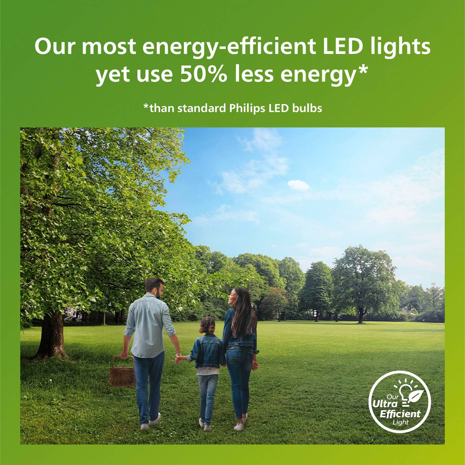 Family walking in a park with trees and blue sky. Energy efficient light bulb logo.