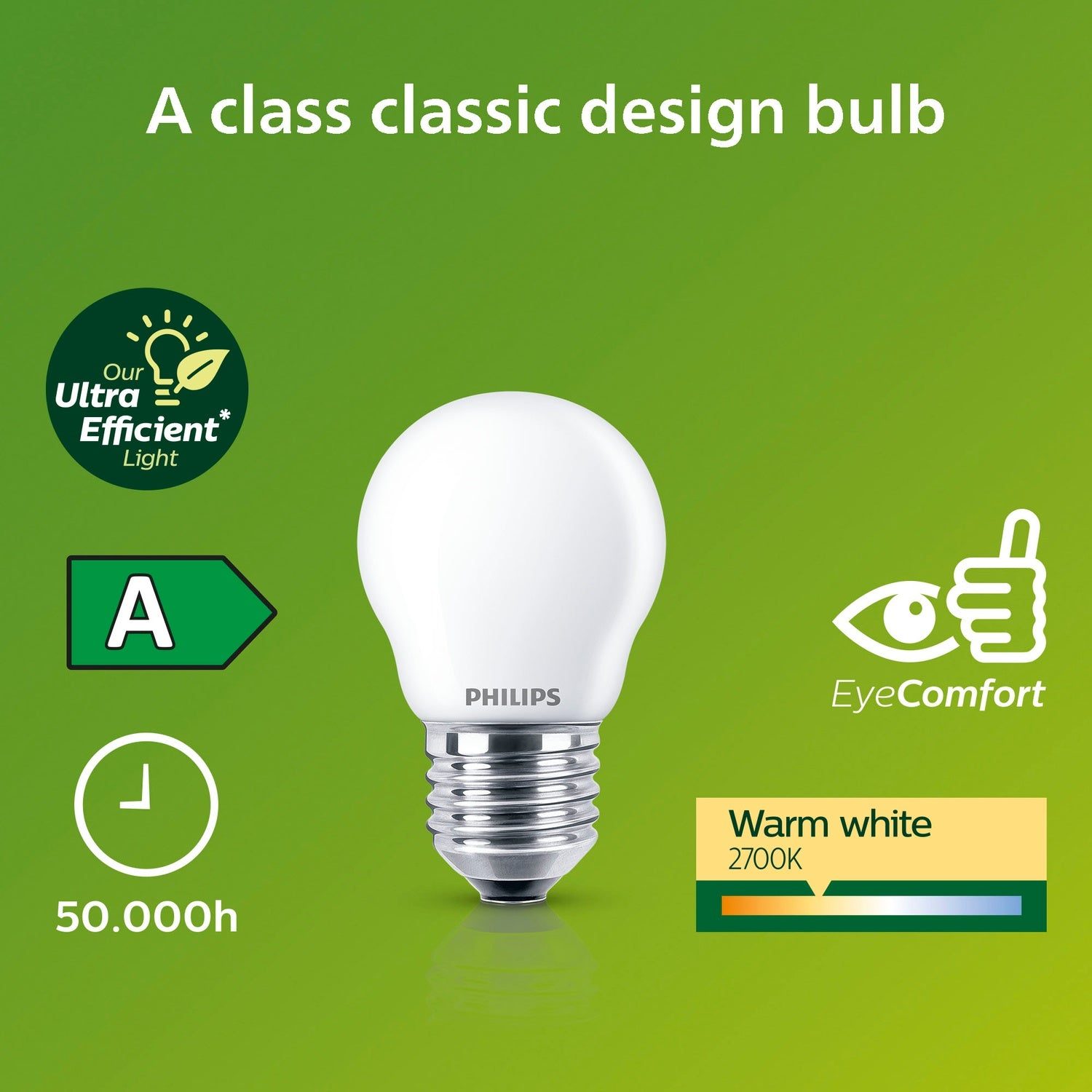 Lampadina design classico classe A, 50.000 ore, luce bianco caldo.