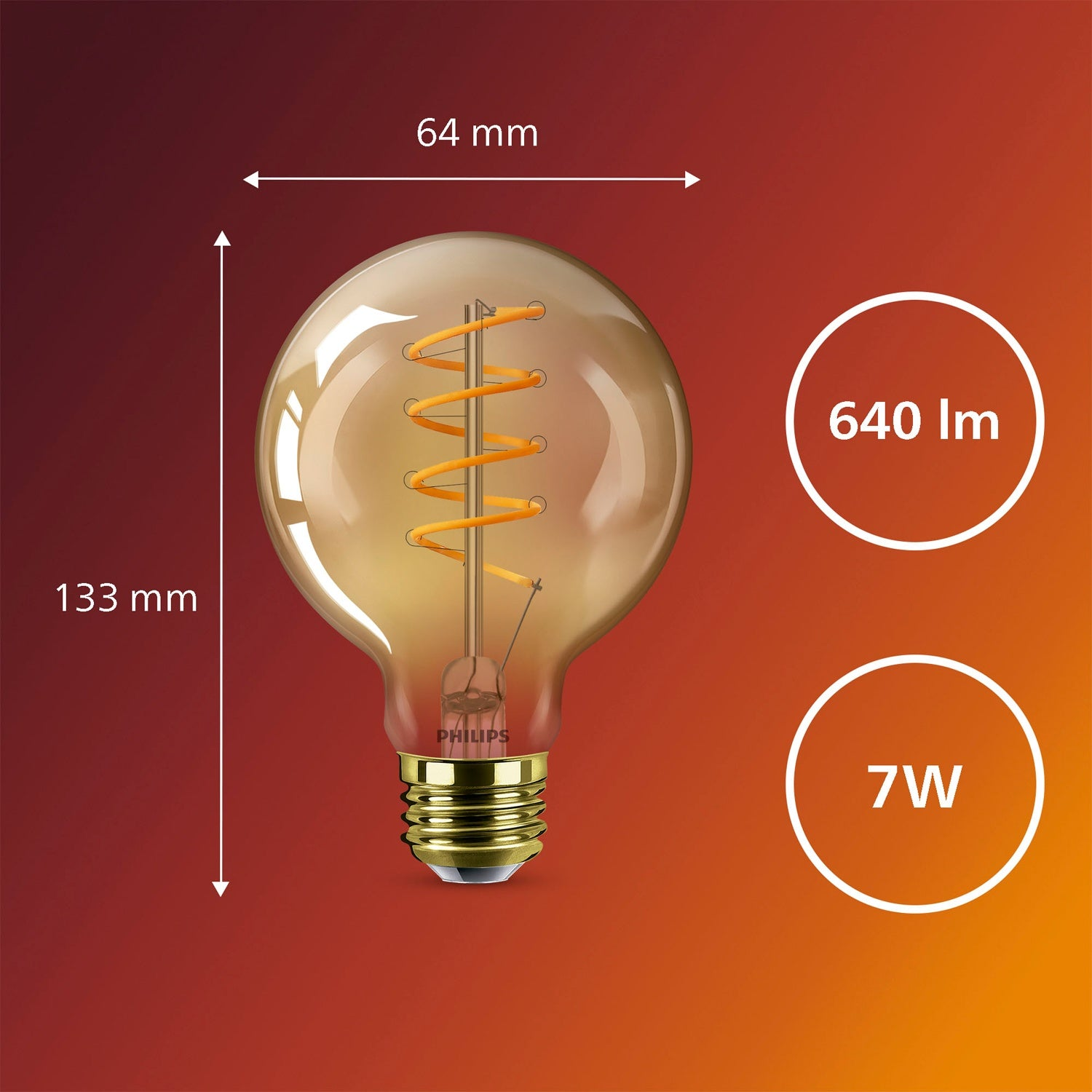 An amber-colored light bulb with visible spiral filament, 64x133mm, 640lm, 7W.