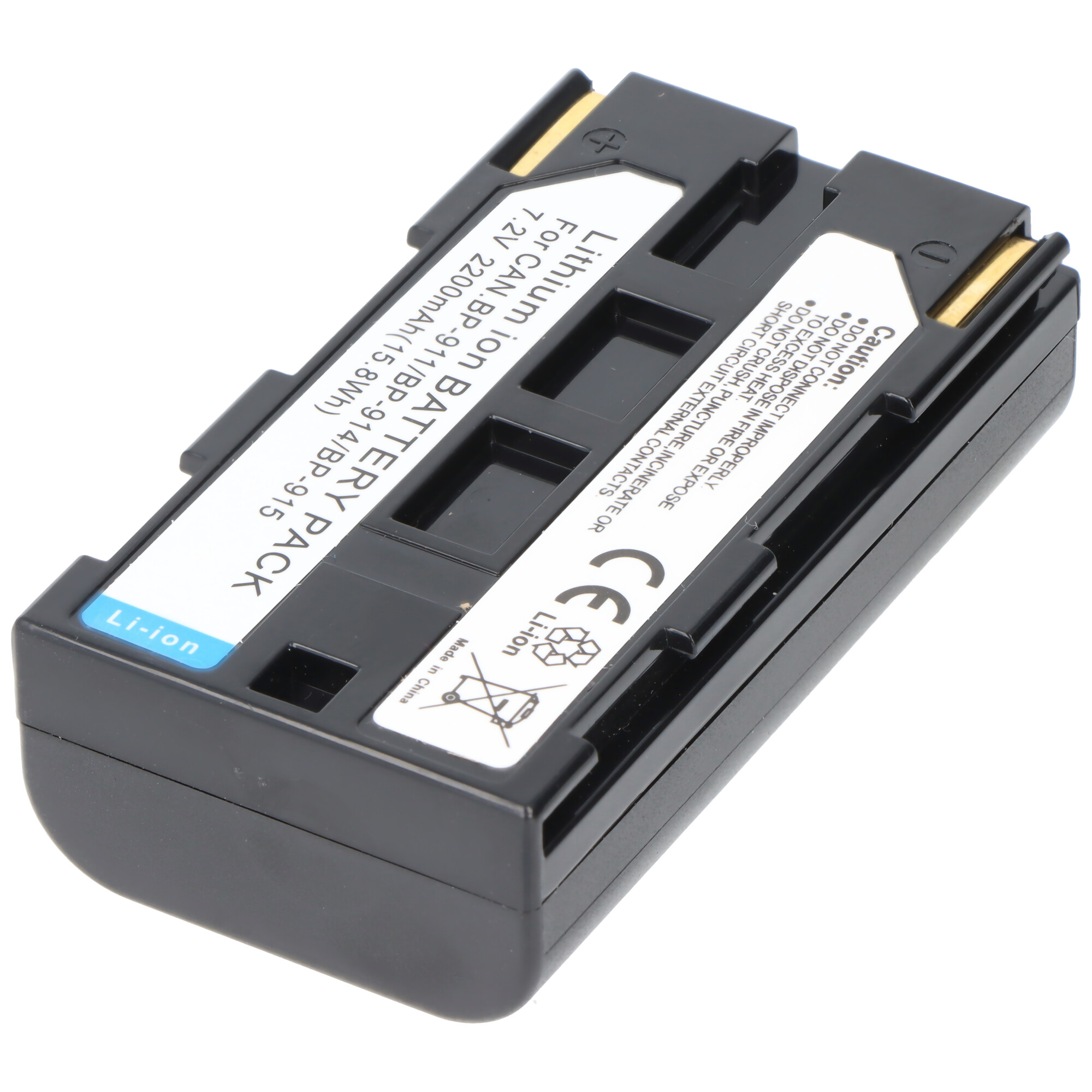 Schwarzer Lithium-Ionen-Akku für Kameras, 7,2V, 2200mAh. Beschriftung: Li-ion.