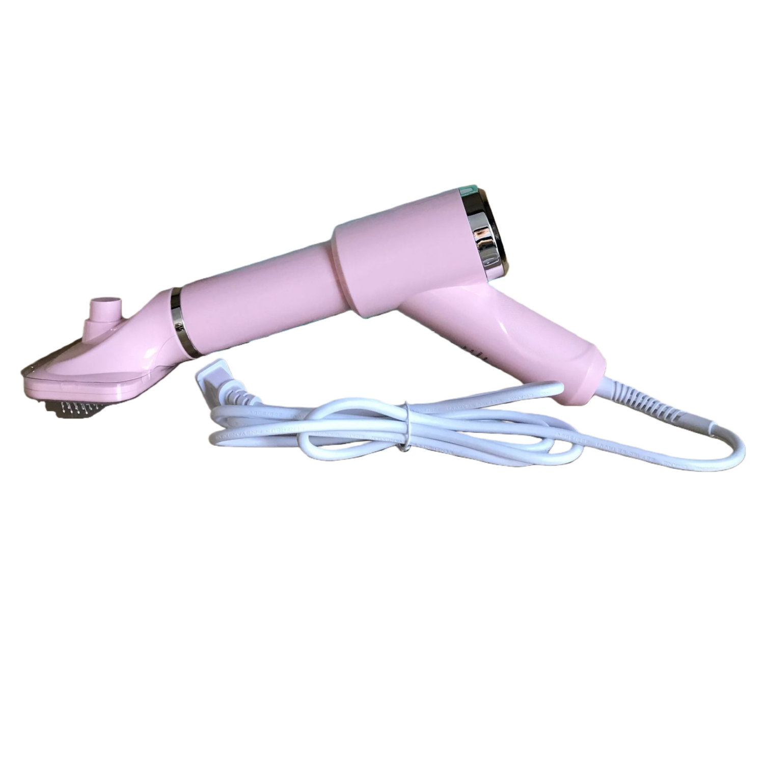 Ein rosafarbener Dampfglätter mit weißem Kabel.