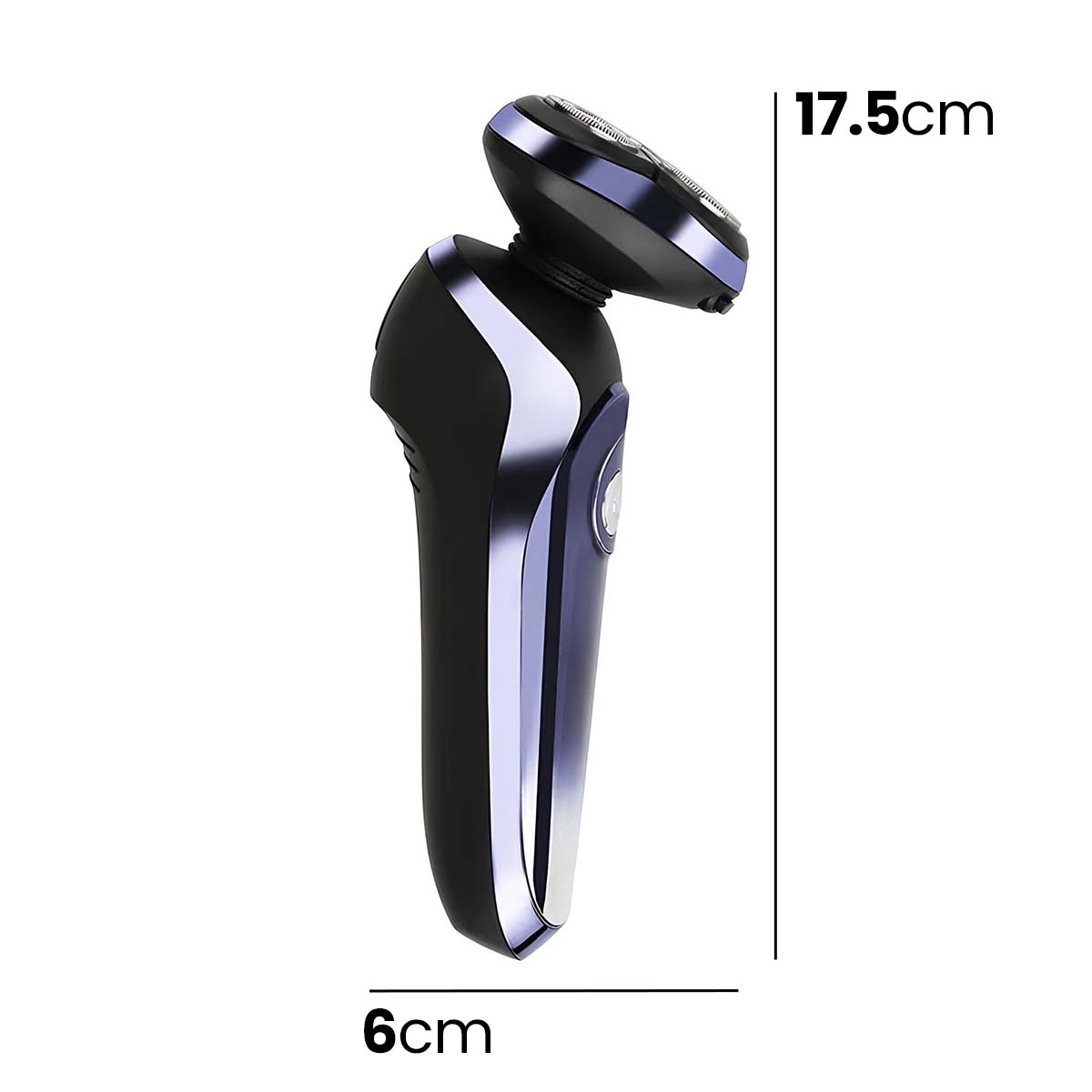 Afeitadora eléctrica negra y morada con indicadores de 17,5 cm y 6 cm.