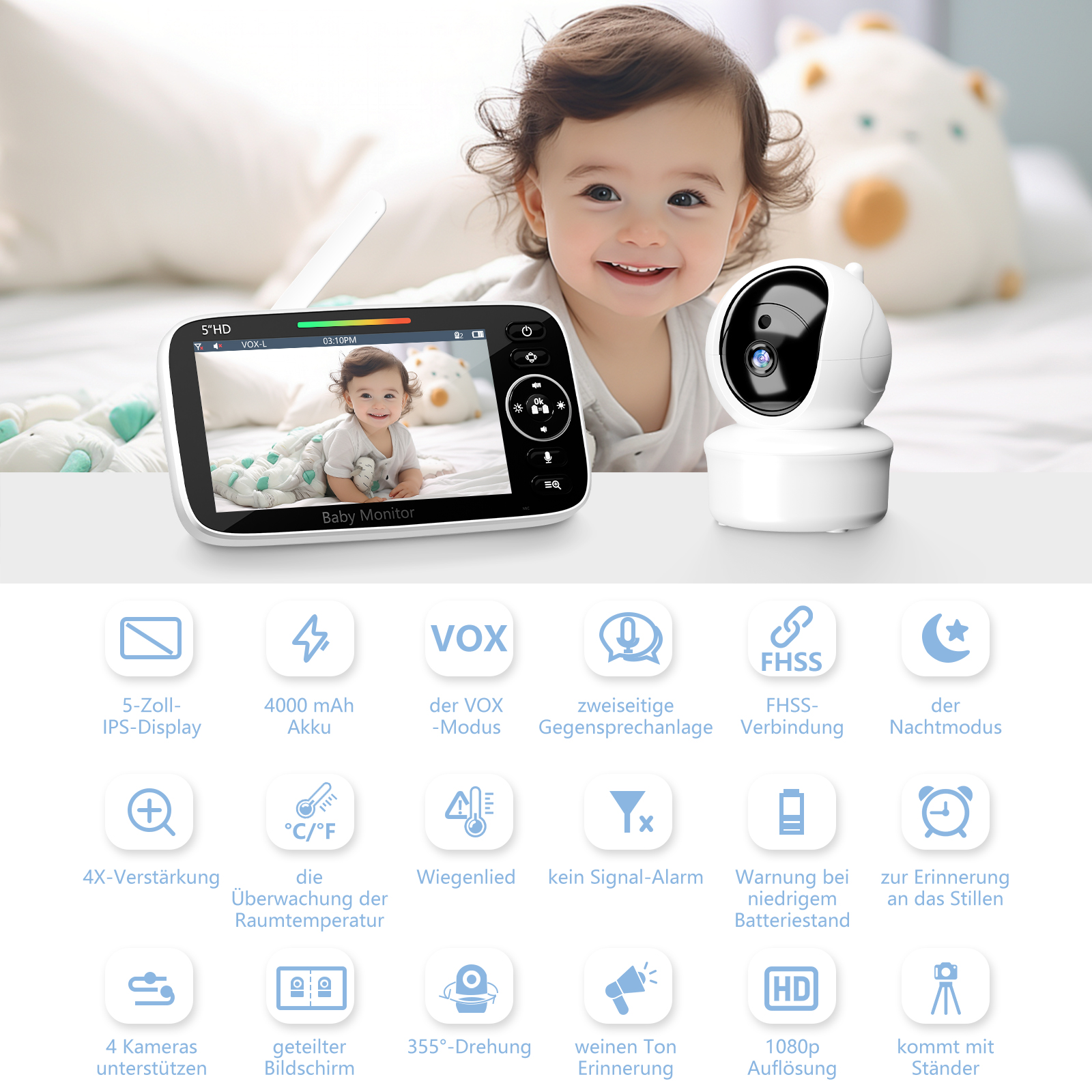 Babyphone mit Monitor und Kamera zeigt lächelndes Baby. Funktionen sind aufgelistet.