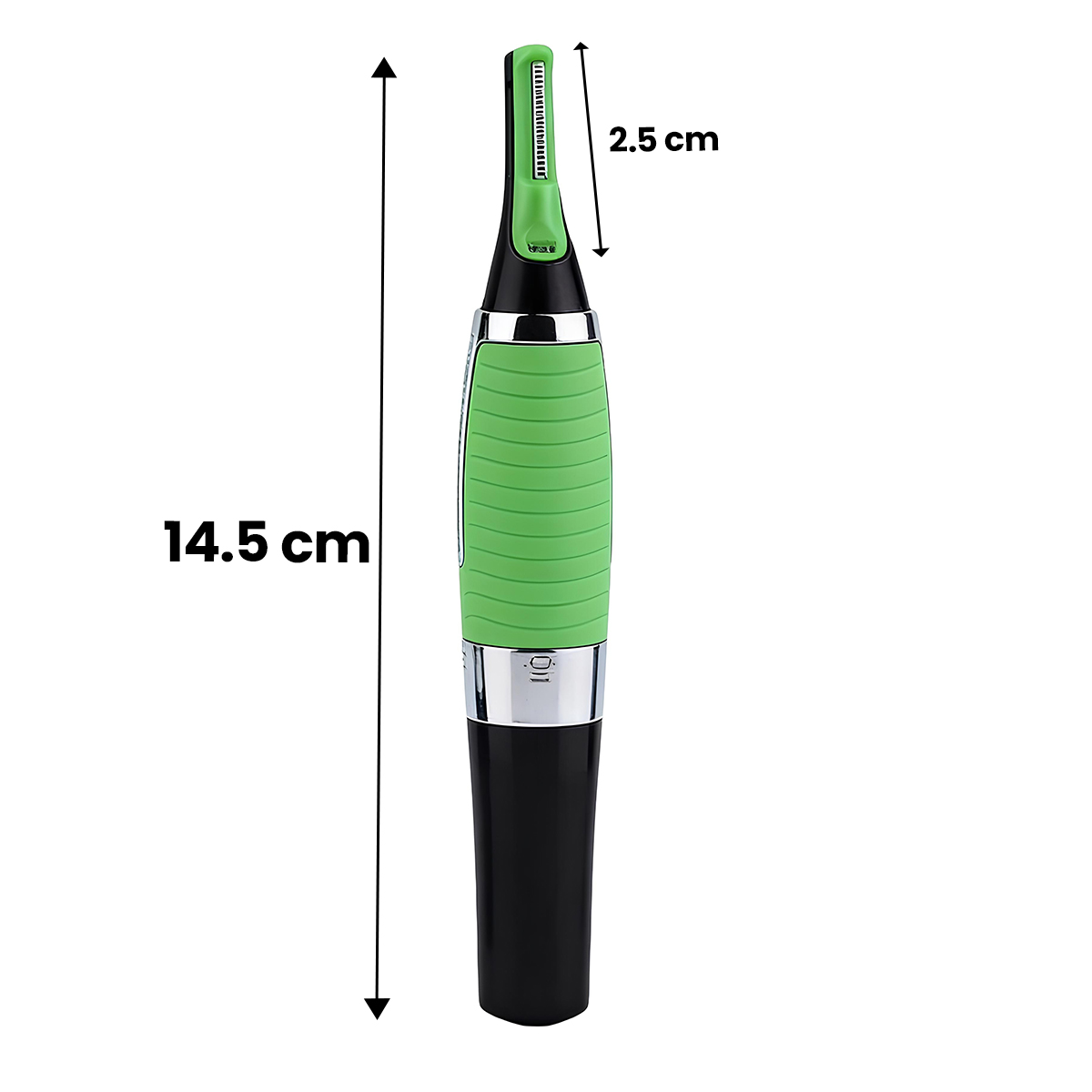 Ein grüner und schwarzer Trimmer, 14,5 cm lang, mit 2,5 cm Klingenlänge.