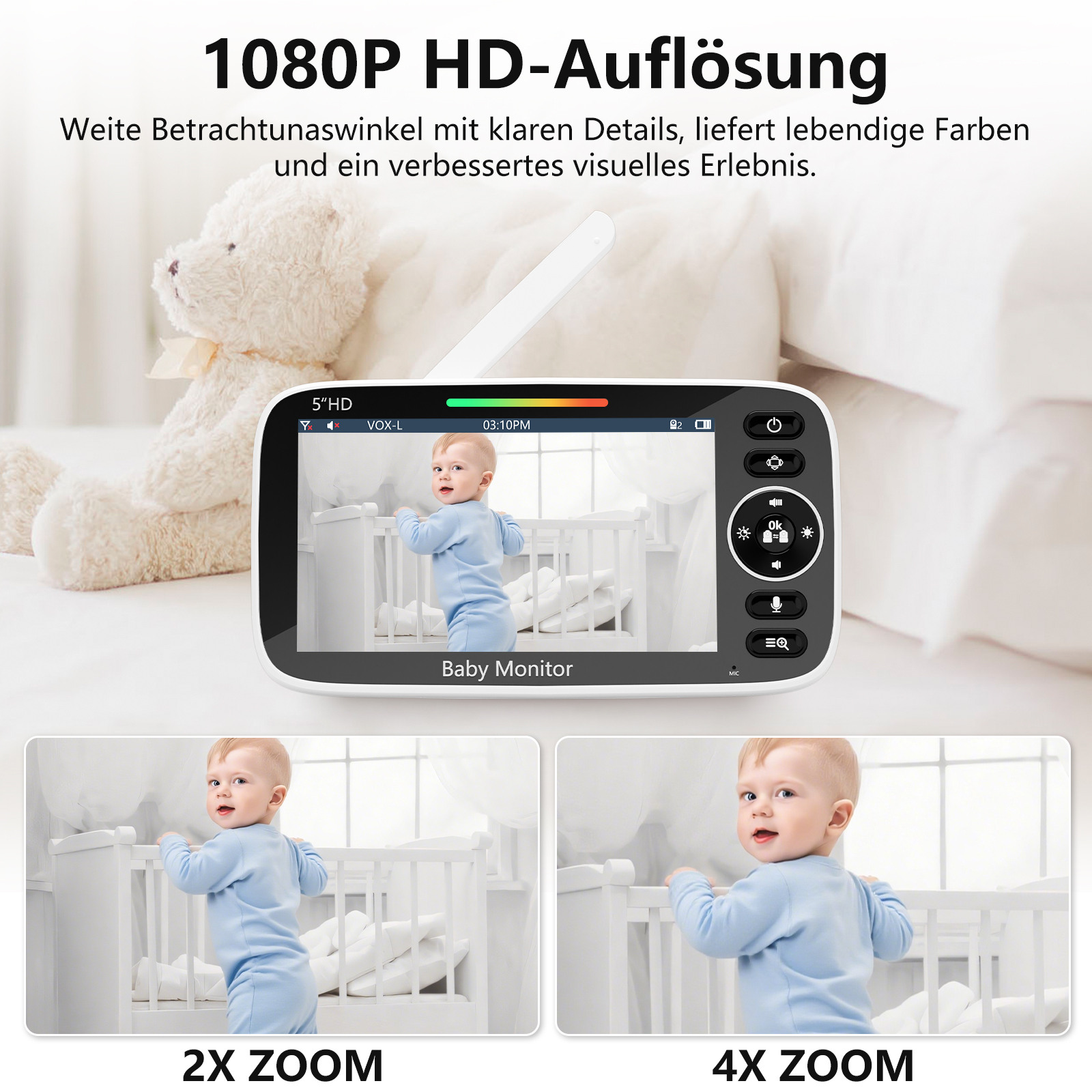 Baby Monitor zeigt ein Baby im Kinderbett, 2x und 4x Zoom-Ansichten.