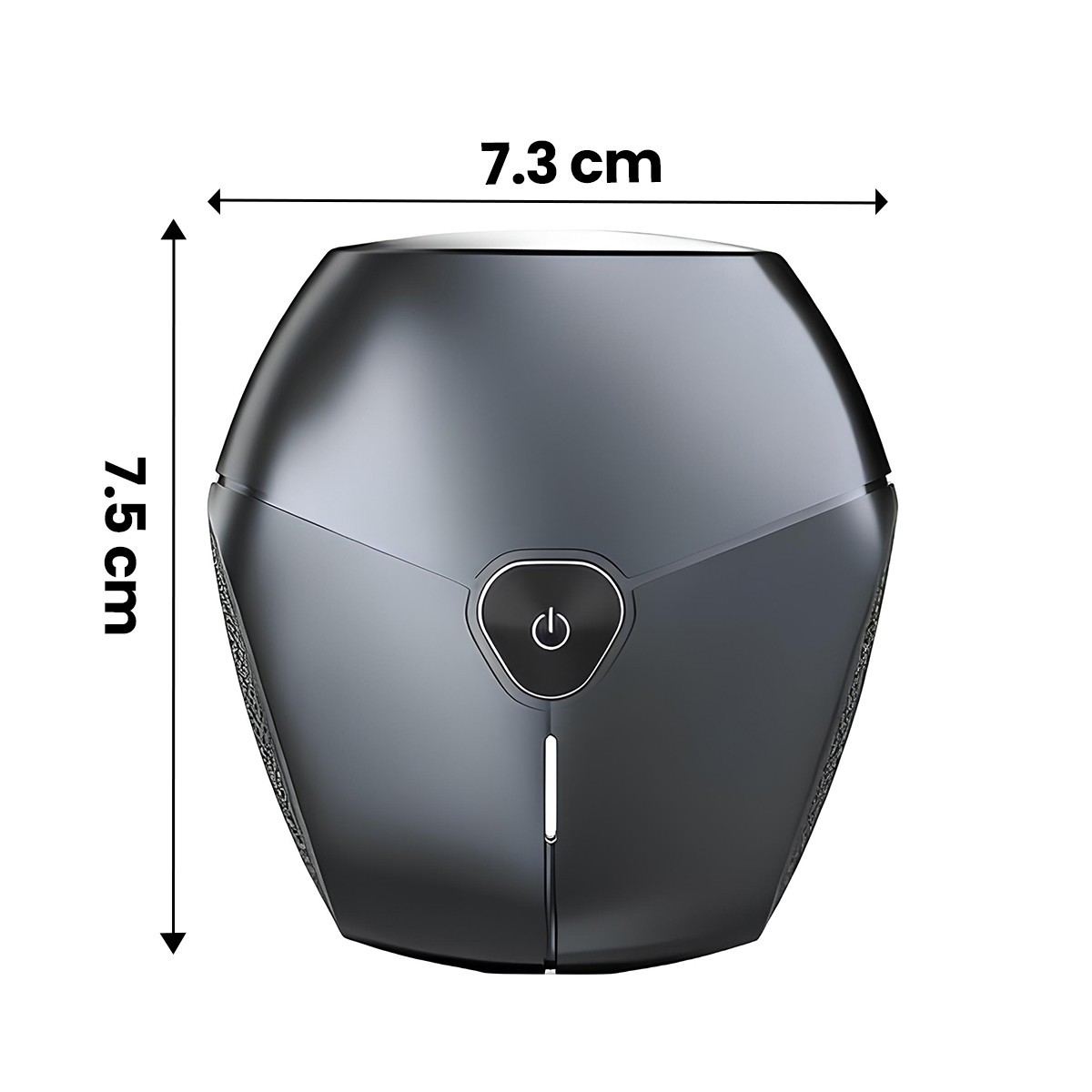 Un altavoz hexagonal oscuro con botón de encendido, 7,5 cm de alto.