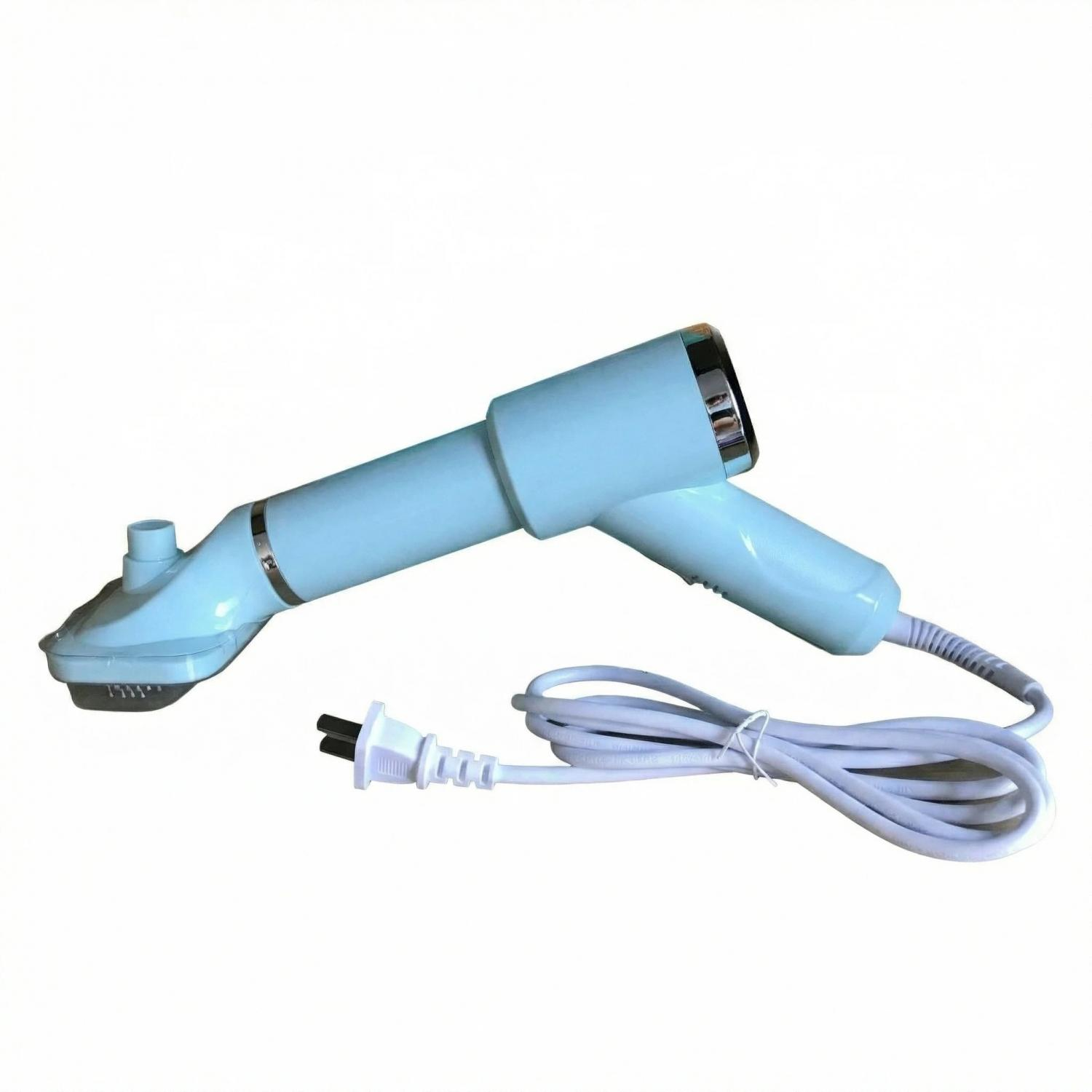 Ein hellblaues Handbrausegerät mit weißem Kabel und Stecker.