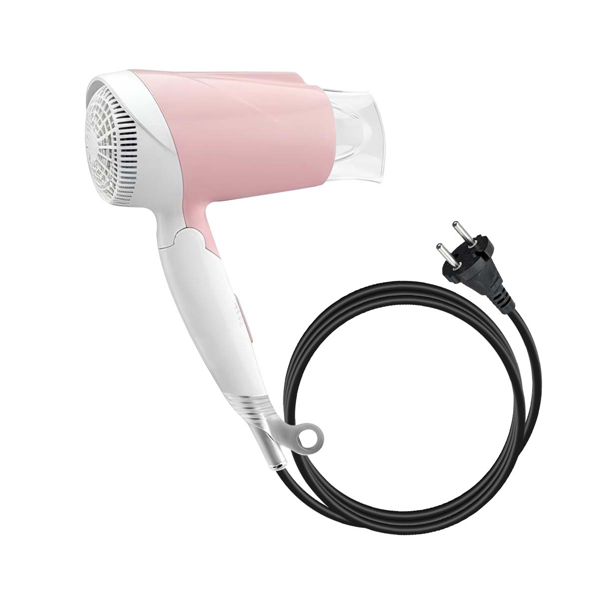 Ein rosafarbener Haartrockner mit weißem Griff und schwarzem Kabel.