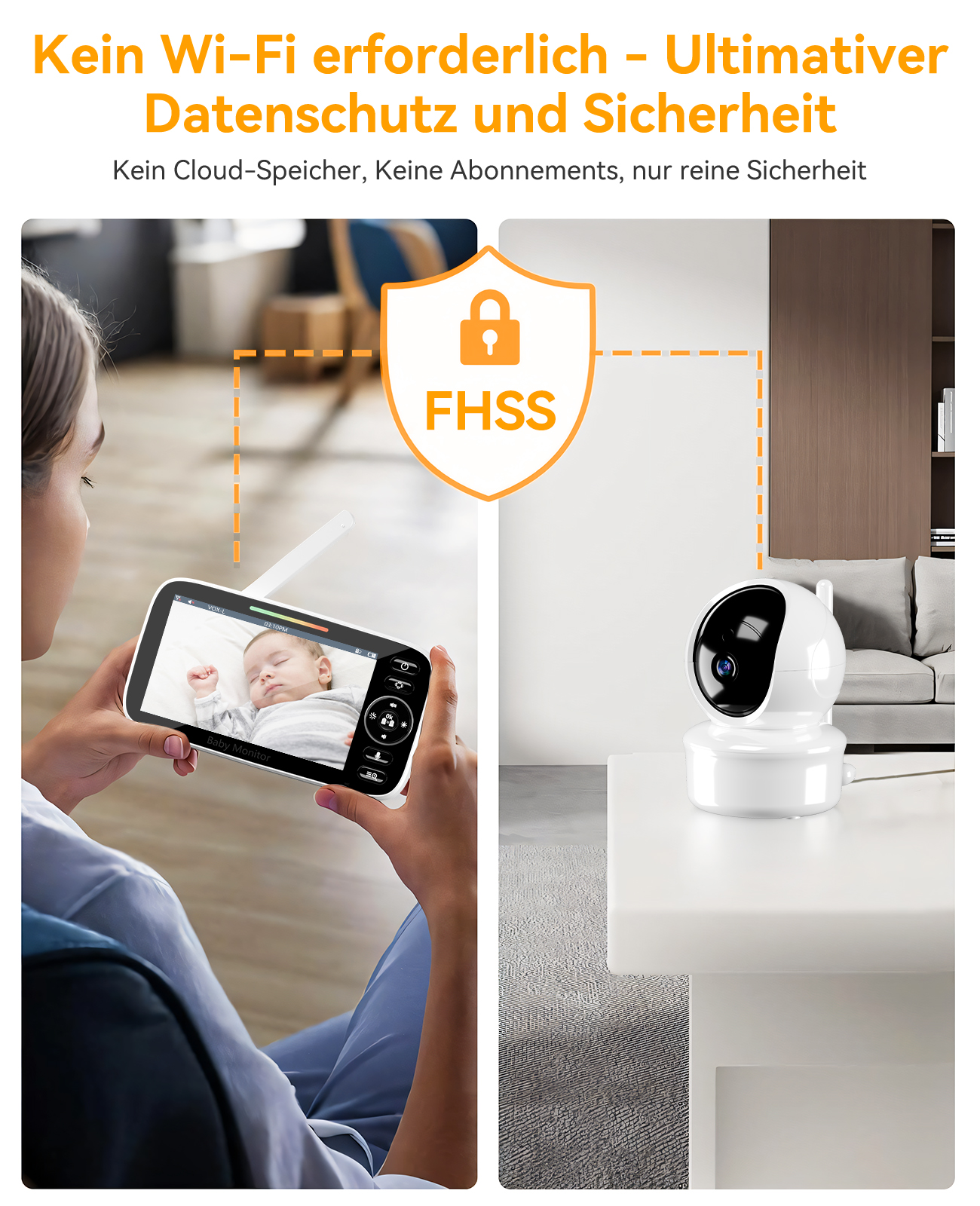 Frau hält Babyphone mit schlafendem Baby, Babykamera auf Tisch, FHSS-Symbol.