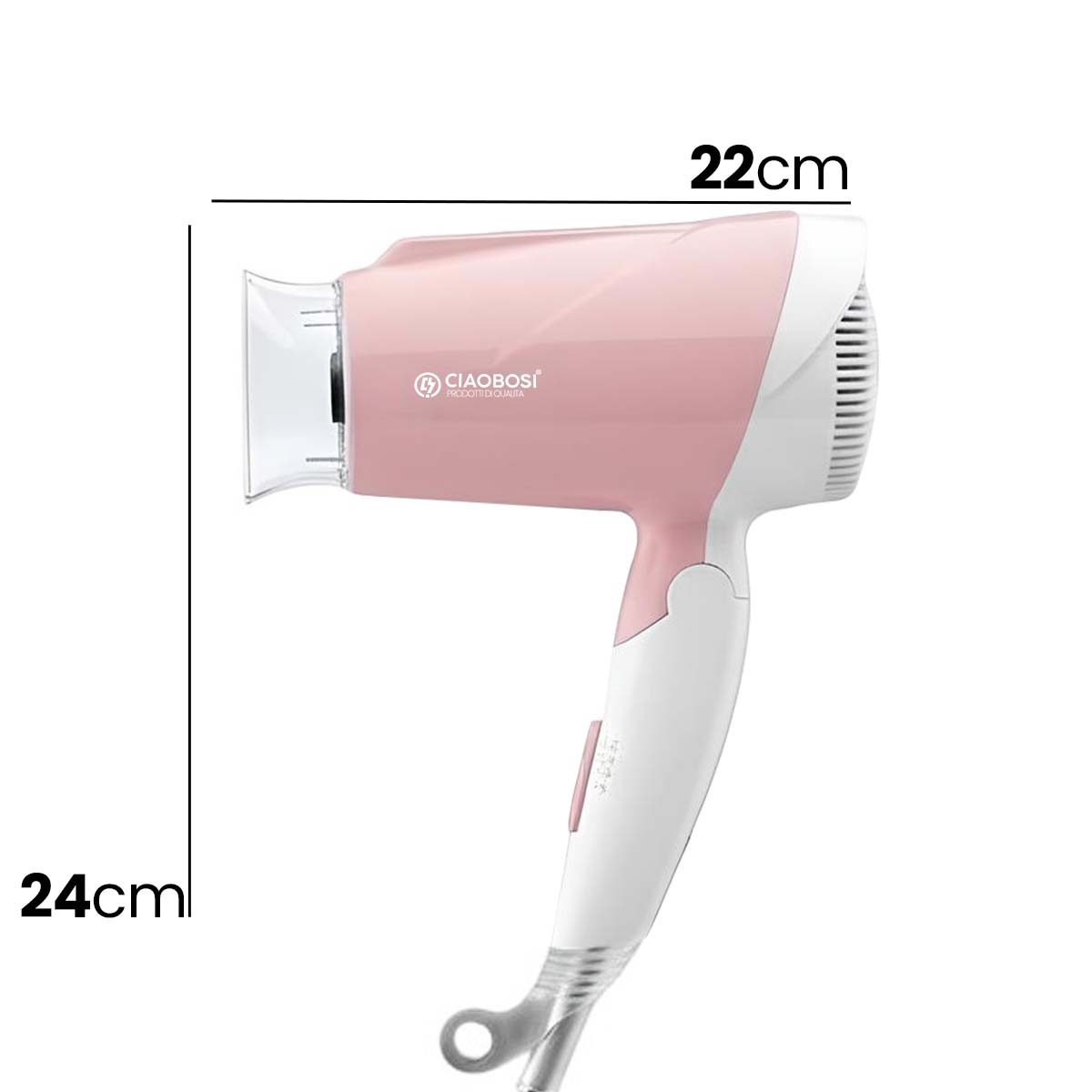 Ein rosa und weißer Haartrockner mit 22cm Breite und 24cm Höhe.