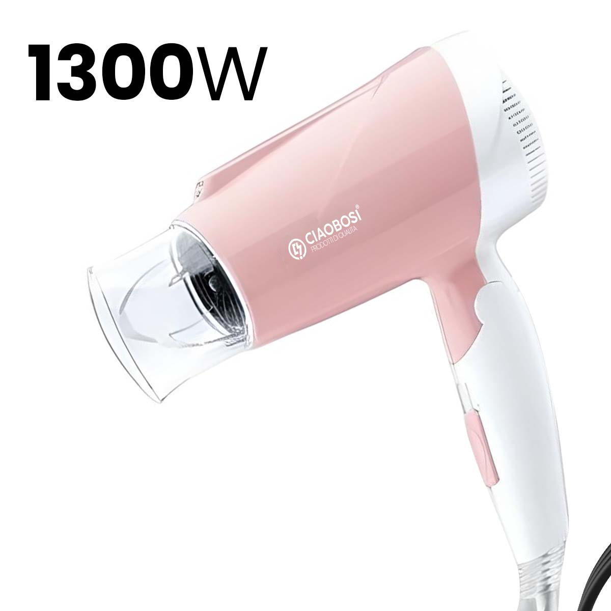 Ein rosafarbener Haartrockner mit weißem Griff und 1300W-Aufschrift.