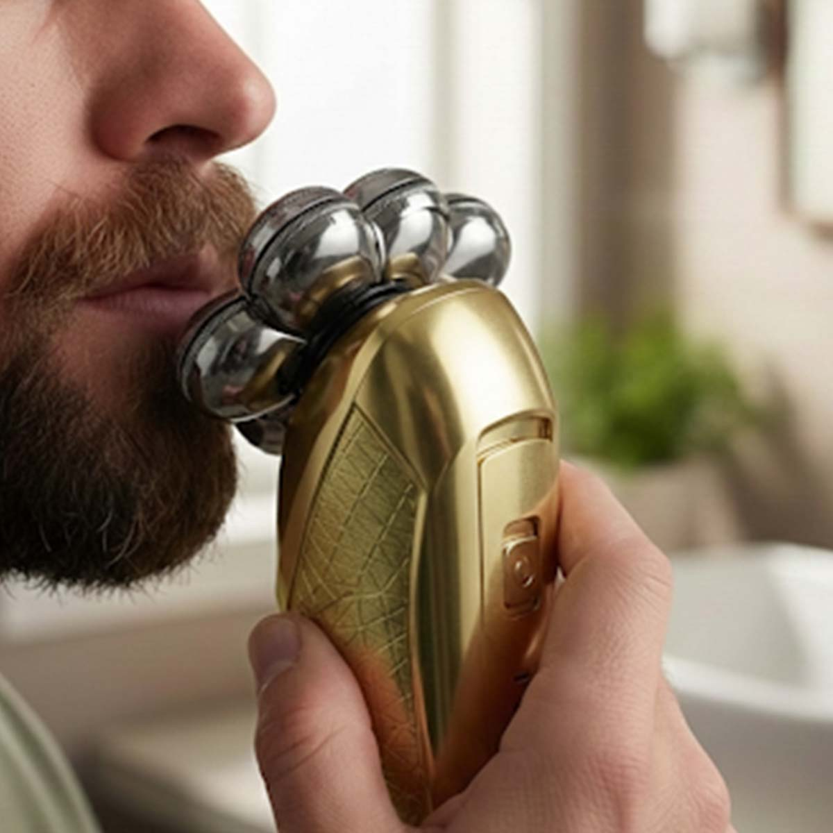 Un hombre se afeita la barba con una afeitadora eléctrica dorada. Primer plano.