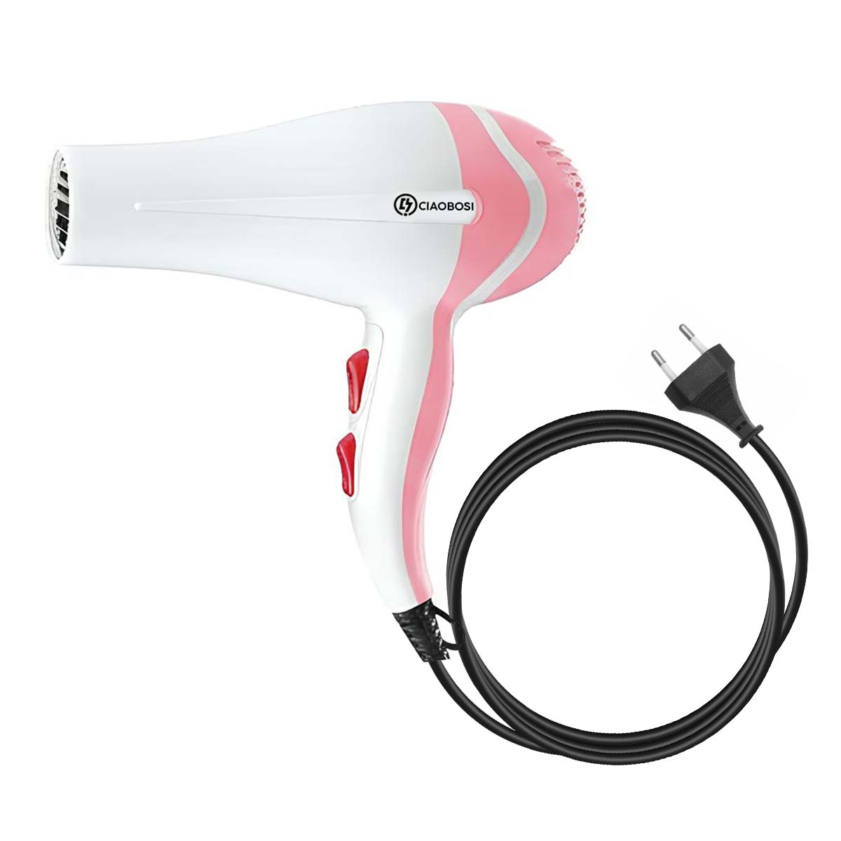 Ein weißer und pinker Haartrockner mit schwarzem Kabel und Stecker.