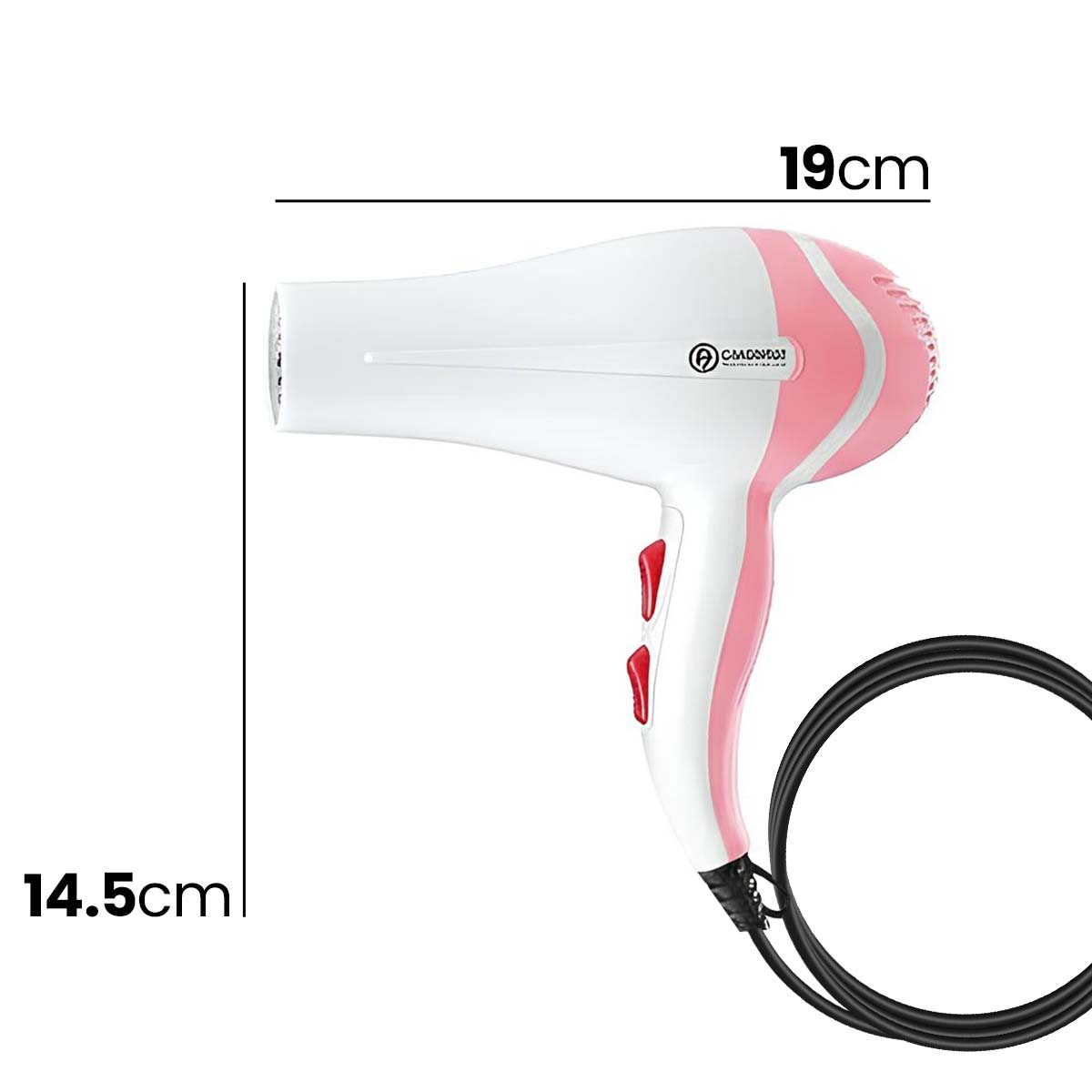 Ein weißer und pinker Haartrockner mit roten Knöpfen und einem schwarzen Kabel.
