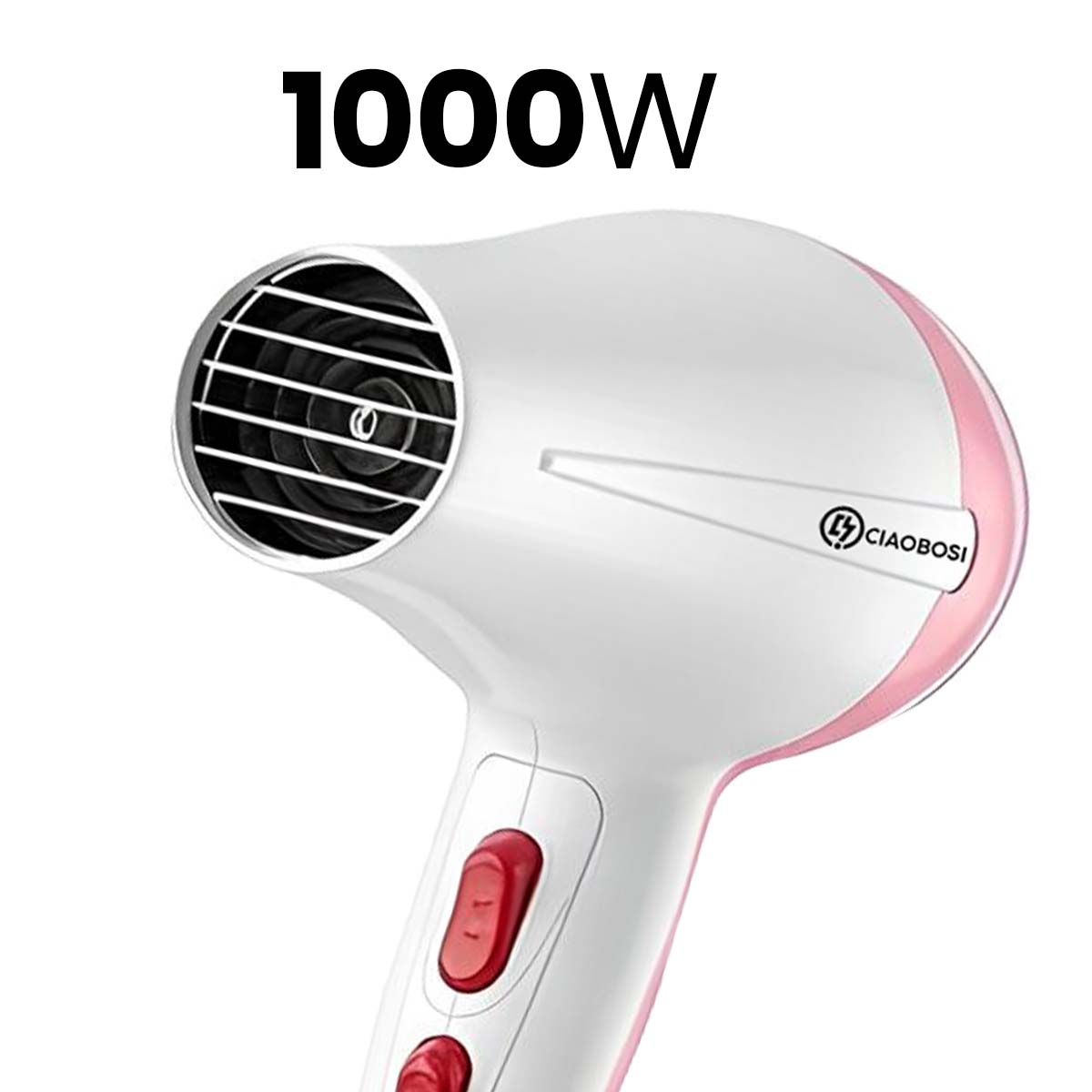 Ein weißer Haartrockner mit rosa Akzenten und der Aufschrift 1000W.