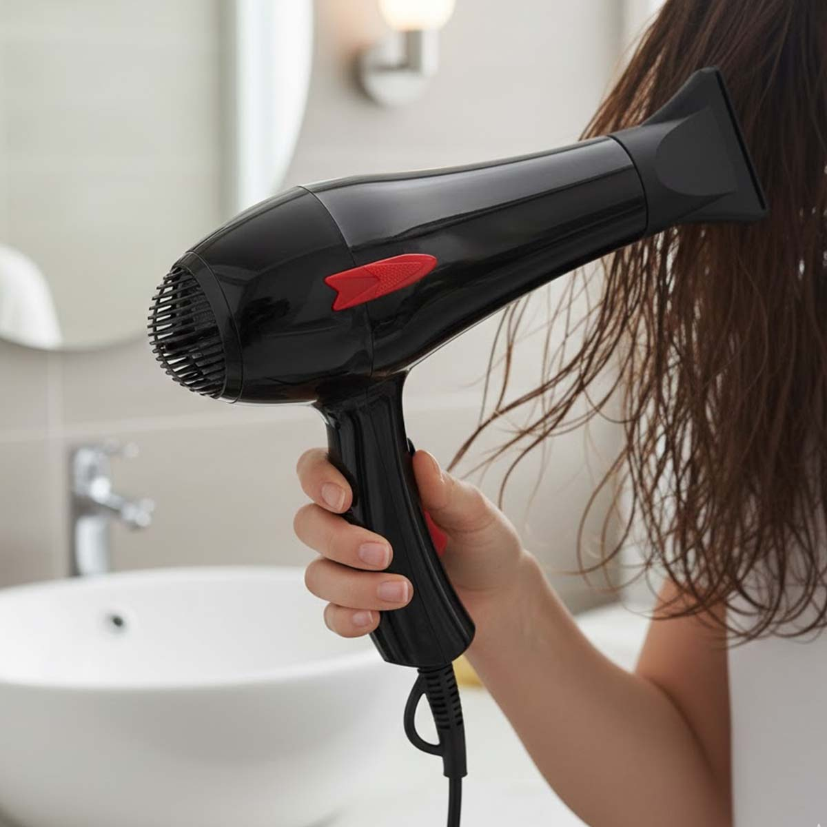 Eine Person trocknet ihr nasses Haar mit einem schwarzen Haartrockner in einem Badezimmer.