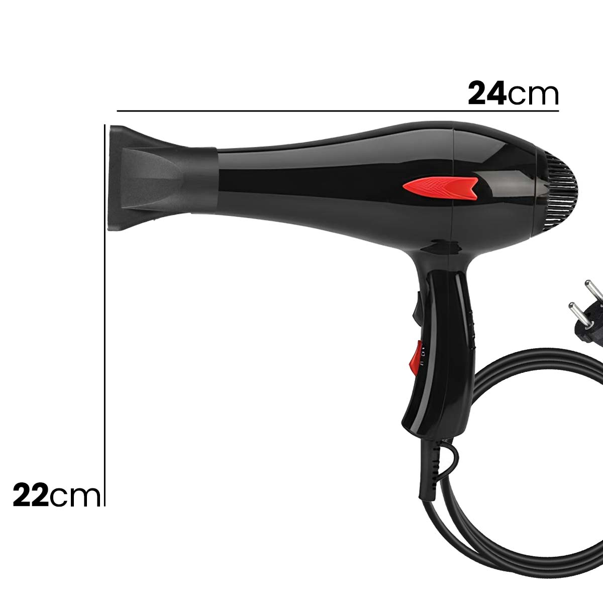 Ein schwarzer Haartrockner mit roten Akzenten und einem Kabel.