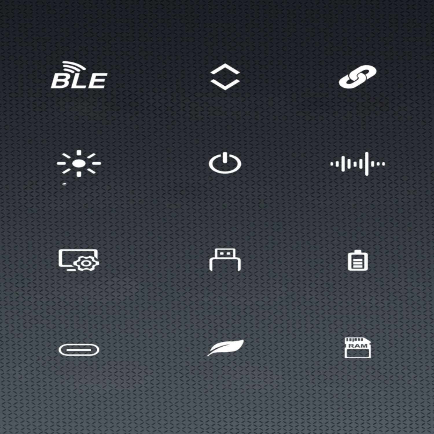 Symbole für BLE, Link, Helligkeit, Ein/Aus, Audio, Einstellungen, Tür, Batterie, USB-C und RAM.