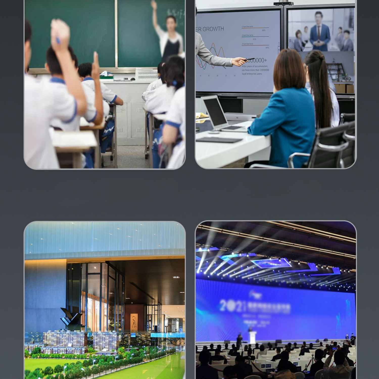 Vier Bilder: Klassenzimmer, Besprechung, Architekturmodell, Konferenz.