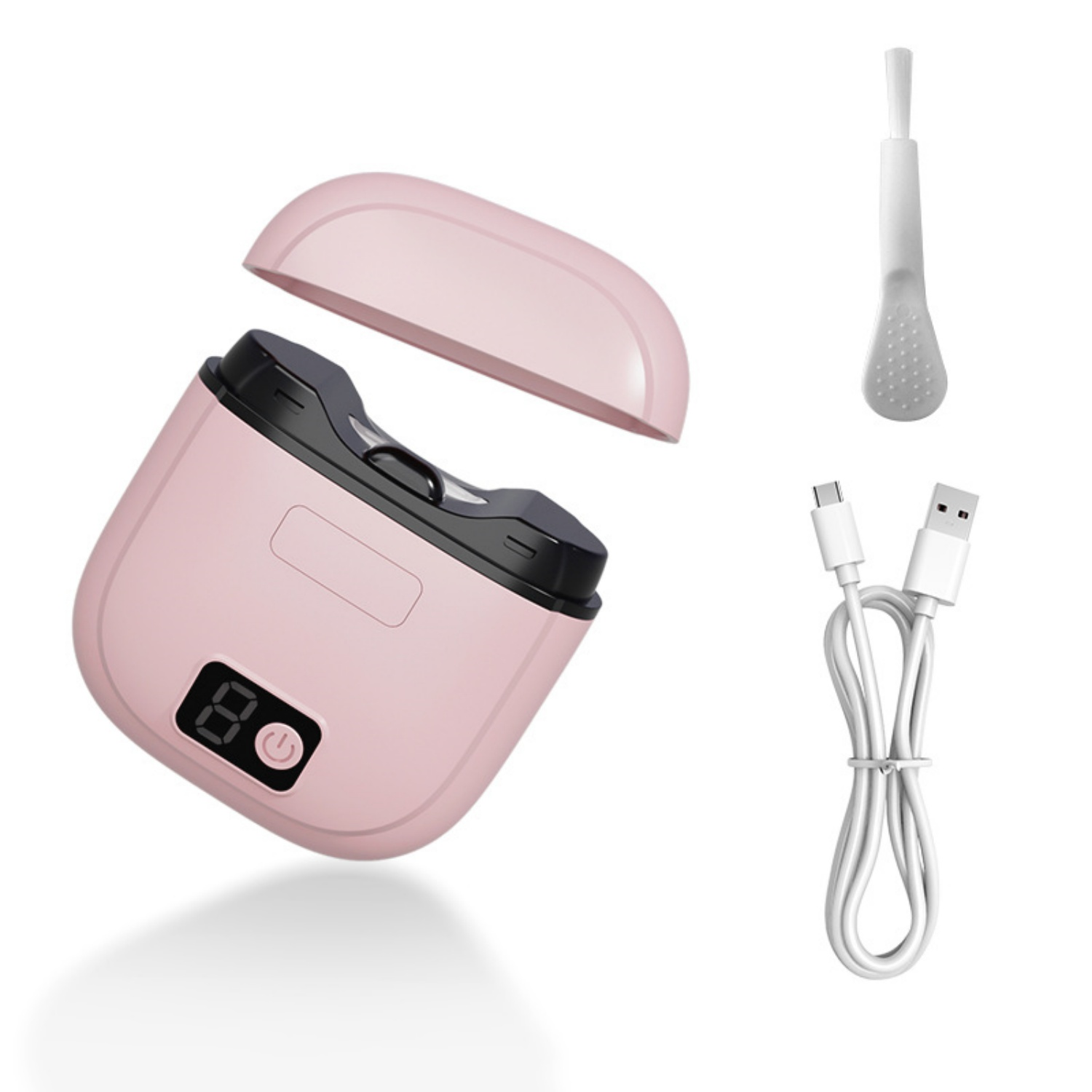 Rosa Nagelpflegegerät mit Deckel, Bürste und USB-Kabel.