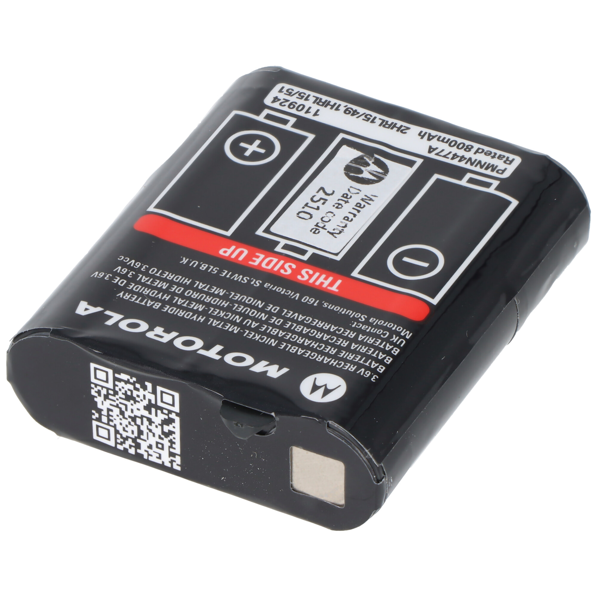Batería Motorola negra, 3.6V, 800mAh, con código QR e indicador de carga.