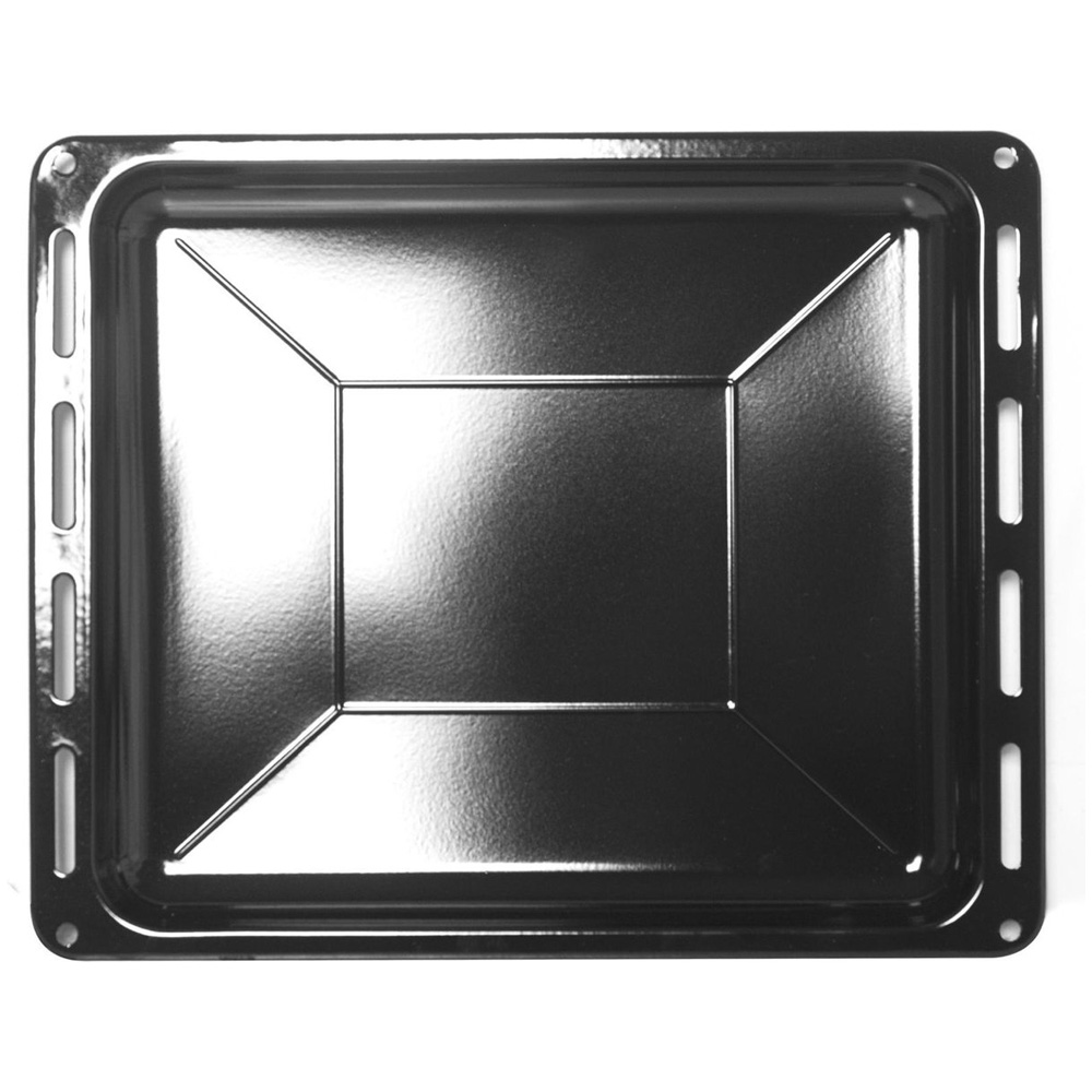 A shiny, rectangular metal baking tray with raised edges and grooves.