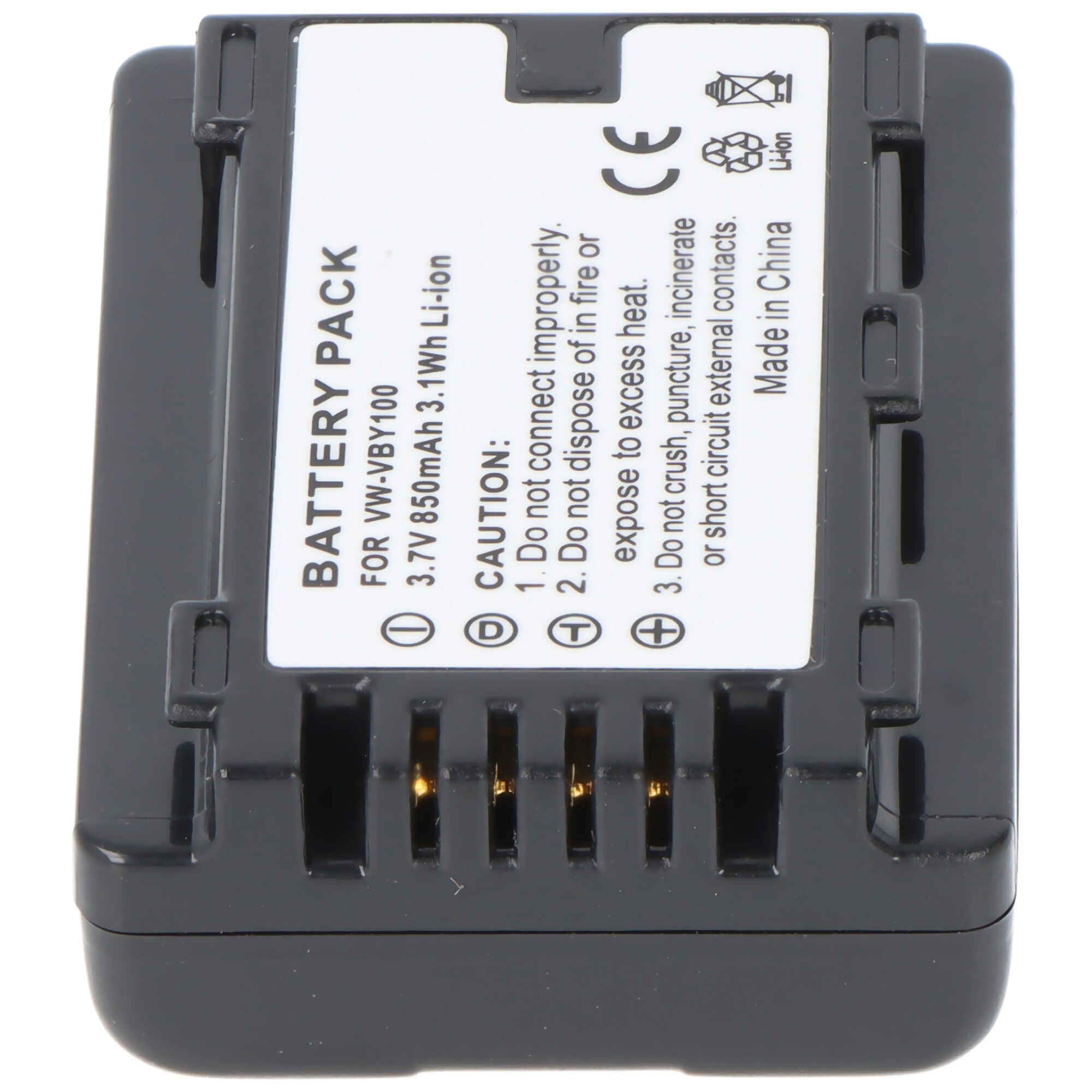 VW-VBY100 için siyah pil paketi, 3,7V 850mAh, uyarı sembollü.