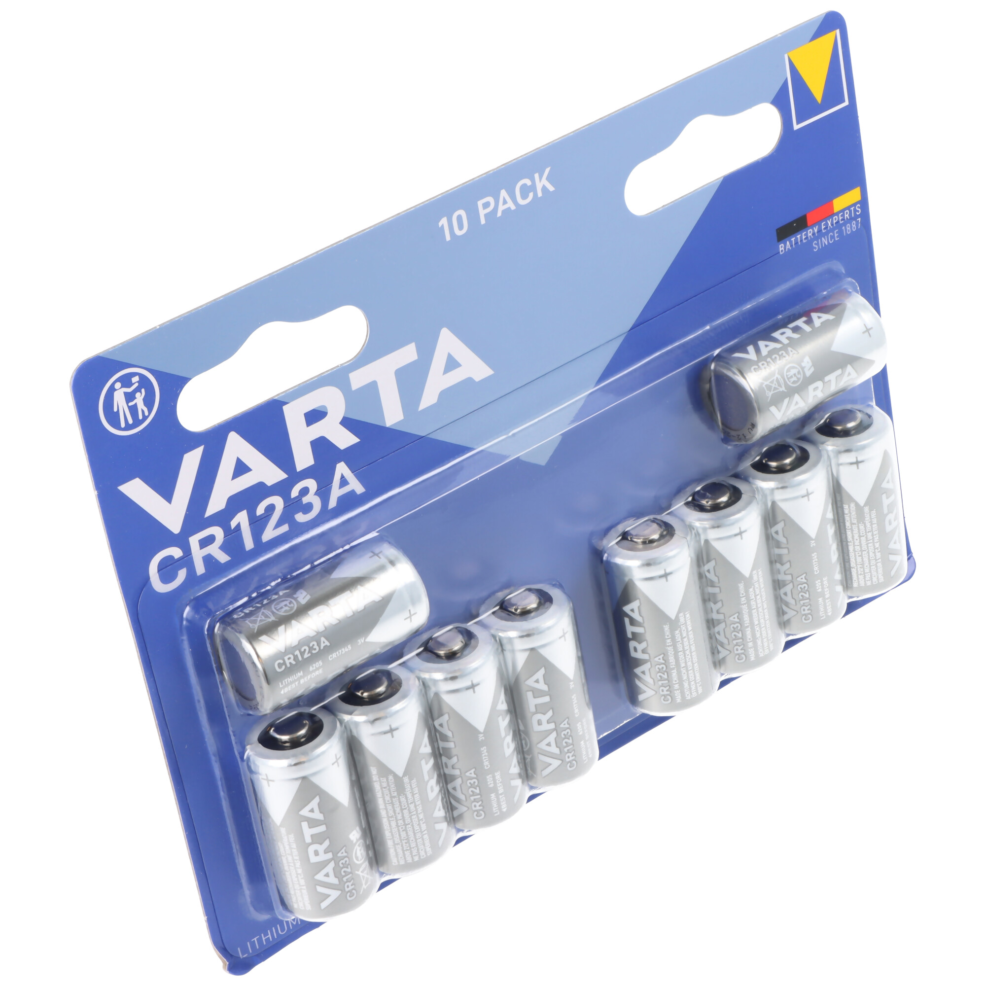 Varta CR123A Lithium-Batterien, 10er-Pack, in Blisterverpackung.