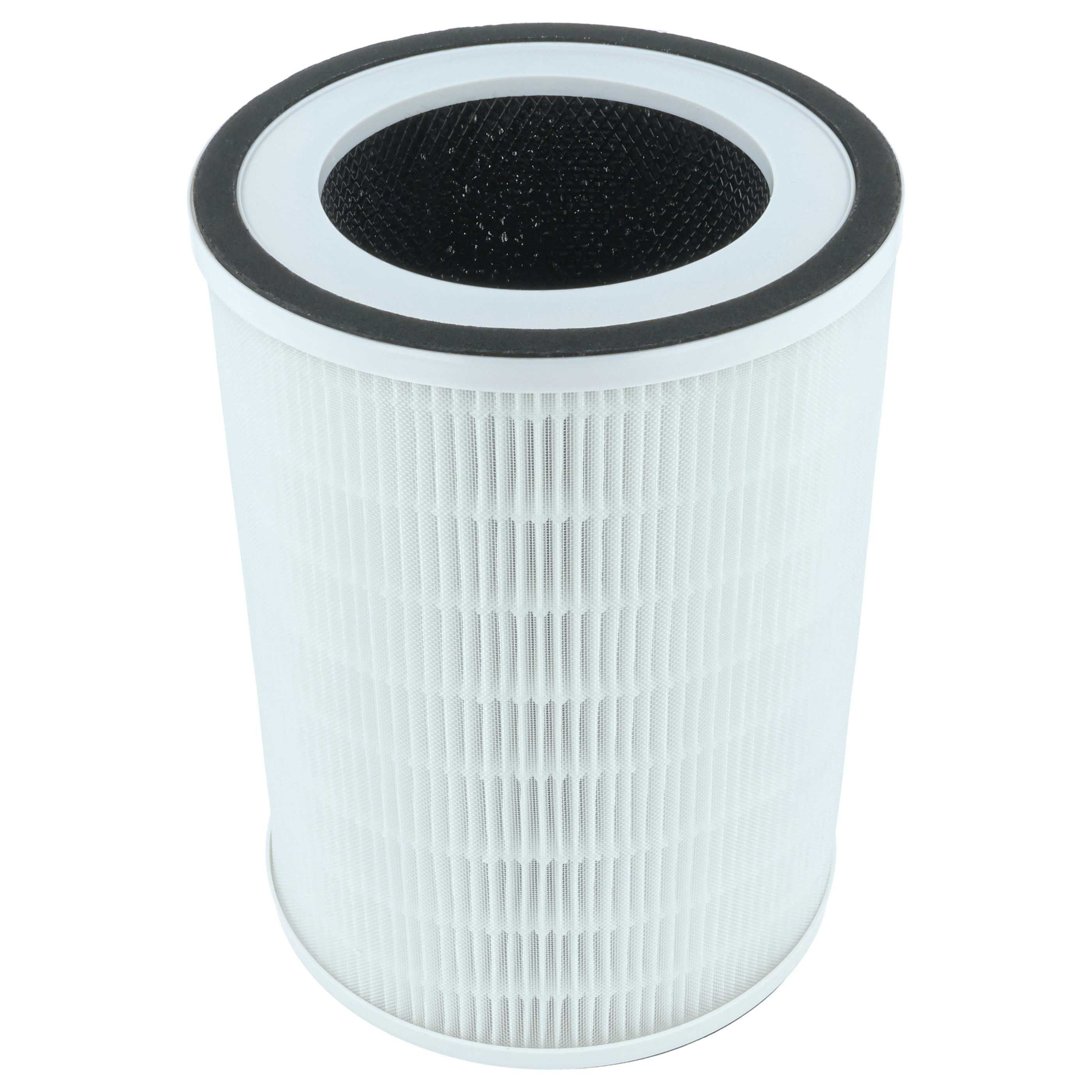 Ein weißer Luftfilterzylinder mit schwarzem Gitter oben und Falten.