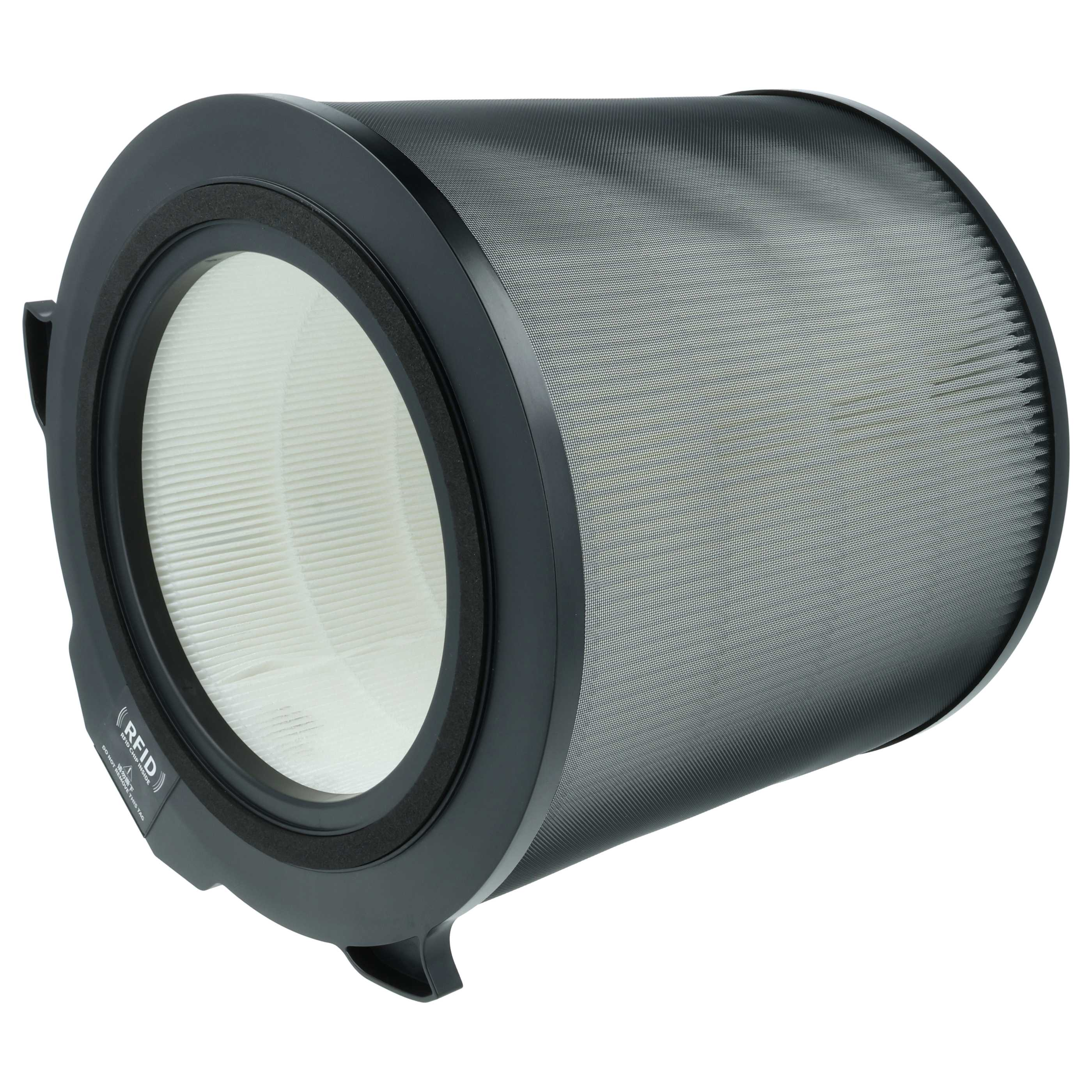 Ein zylindrischer Luftfilter mit schwarzem Rahmen und weißem Filtermedium.