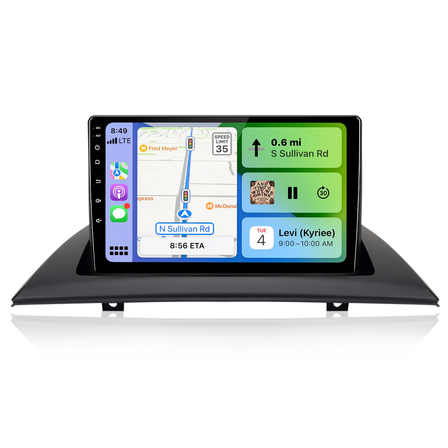 Schermo infotainment auto con widget mappa, musica e calendario. Ore 8:49.